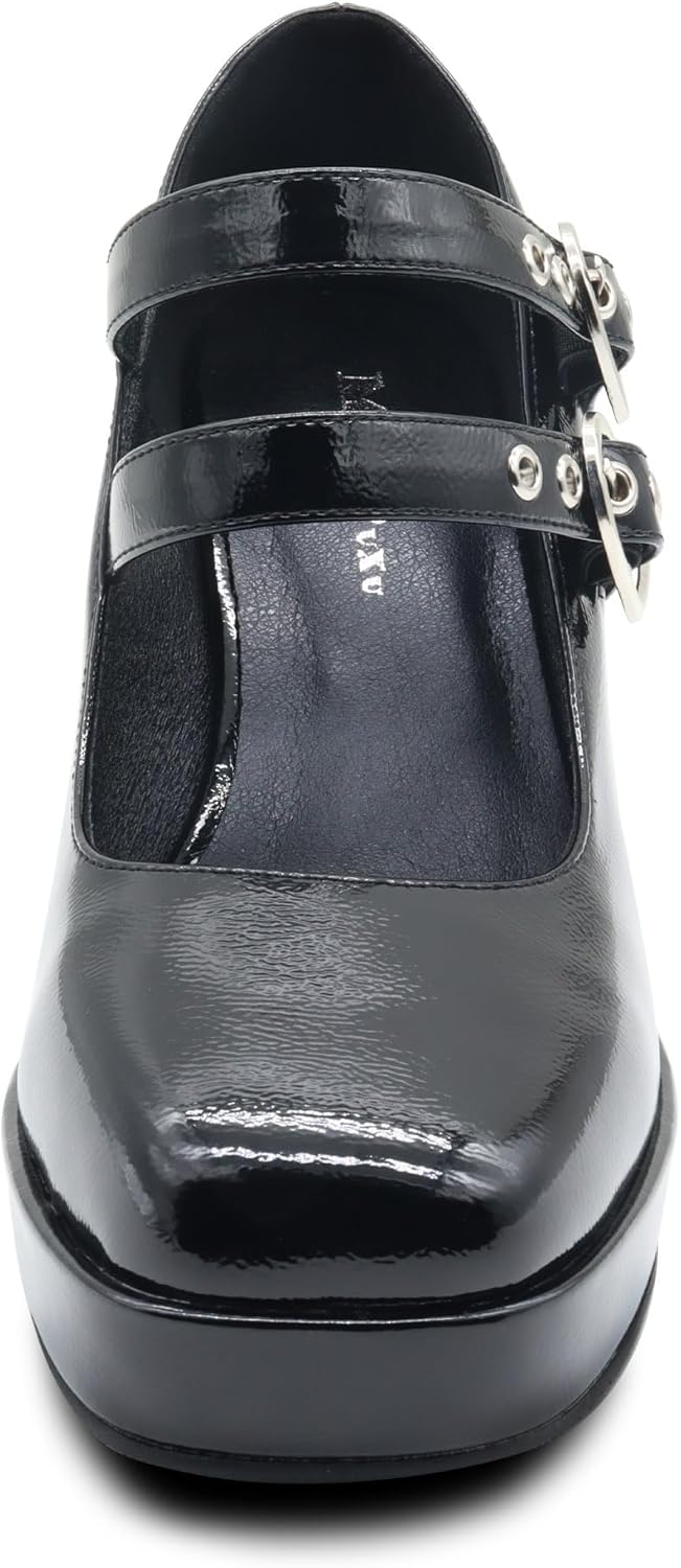 Women's Square Closed Toe Platform Chunky Strappy Block Heels Goth Mary Janes Shoes - Image 4