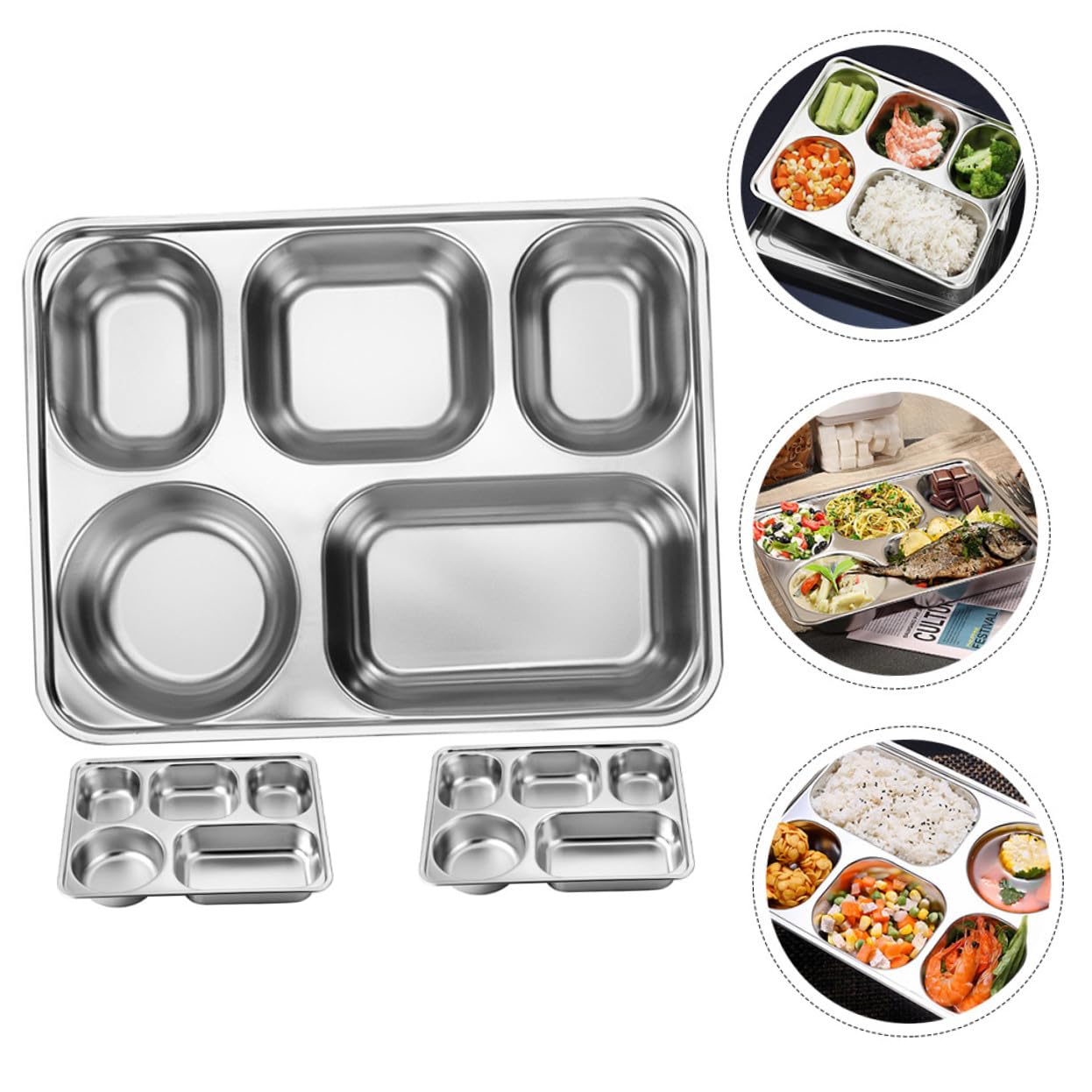 Plateau Divisé en Acier Inoxydable 3 Pièces, Assiette Compartimentée Rectangulaire Grosse Capacité, Métal Solide, Empilable, pour Adultes, Repas Quotidiens, École, Camping
