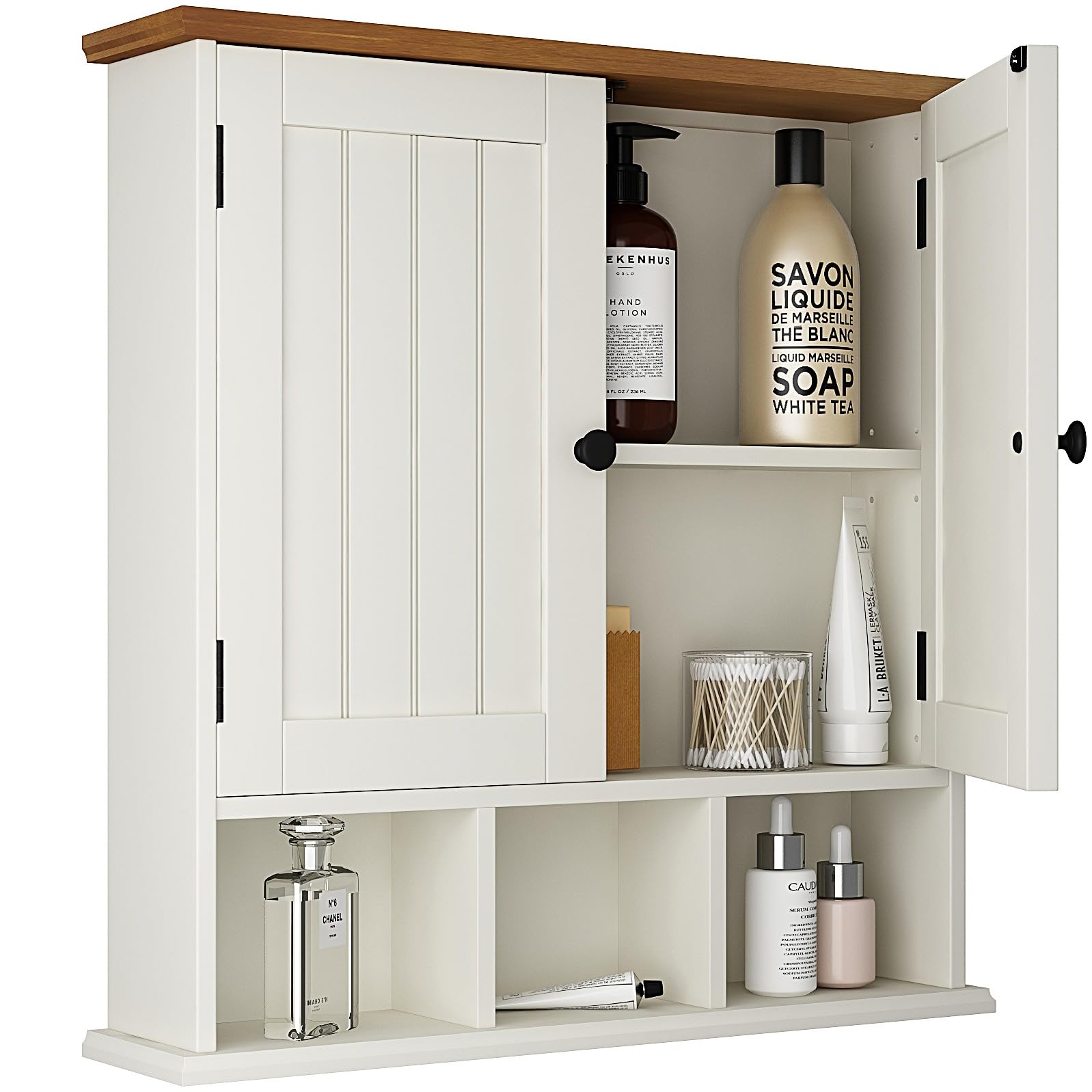 ChooChoo Bathroom Cabinet Wall Mounted 2-Door with 3 Open Shelves? Wooden Medicine Cabinets with Adjustable Shelf?Space Saver Storage Cabinets Over The Toilet for Bathroom&Living Room,White Brown