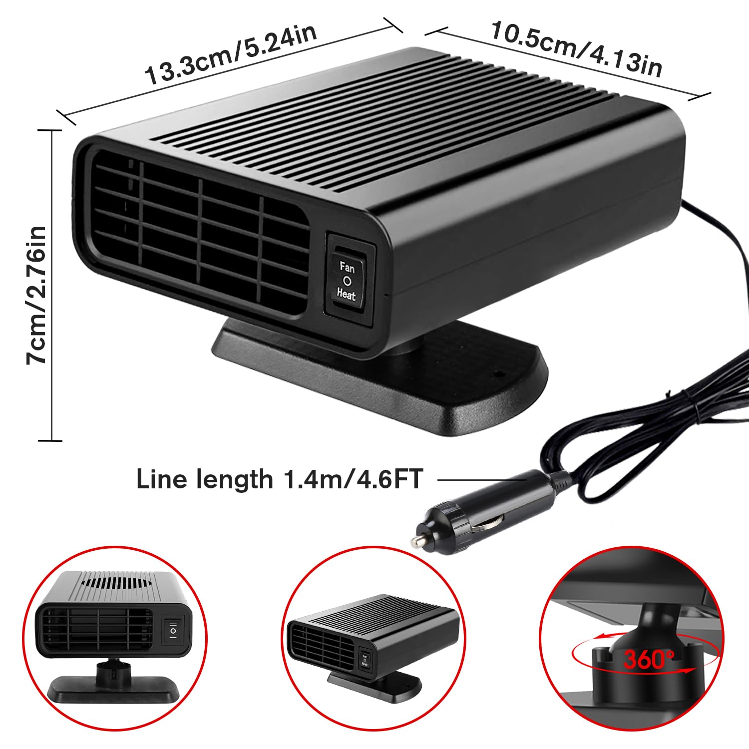 Showvigor Chauffage de voiture portable,2025 Nouveau chauffage de voiture qui se branche sur l'allume-cigare, anti-buée chauffage voiture pare-brise dégivreur, 2 en 1 ventilateur de chauffage et de re