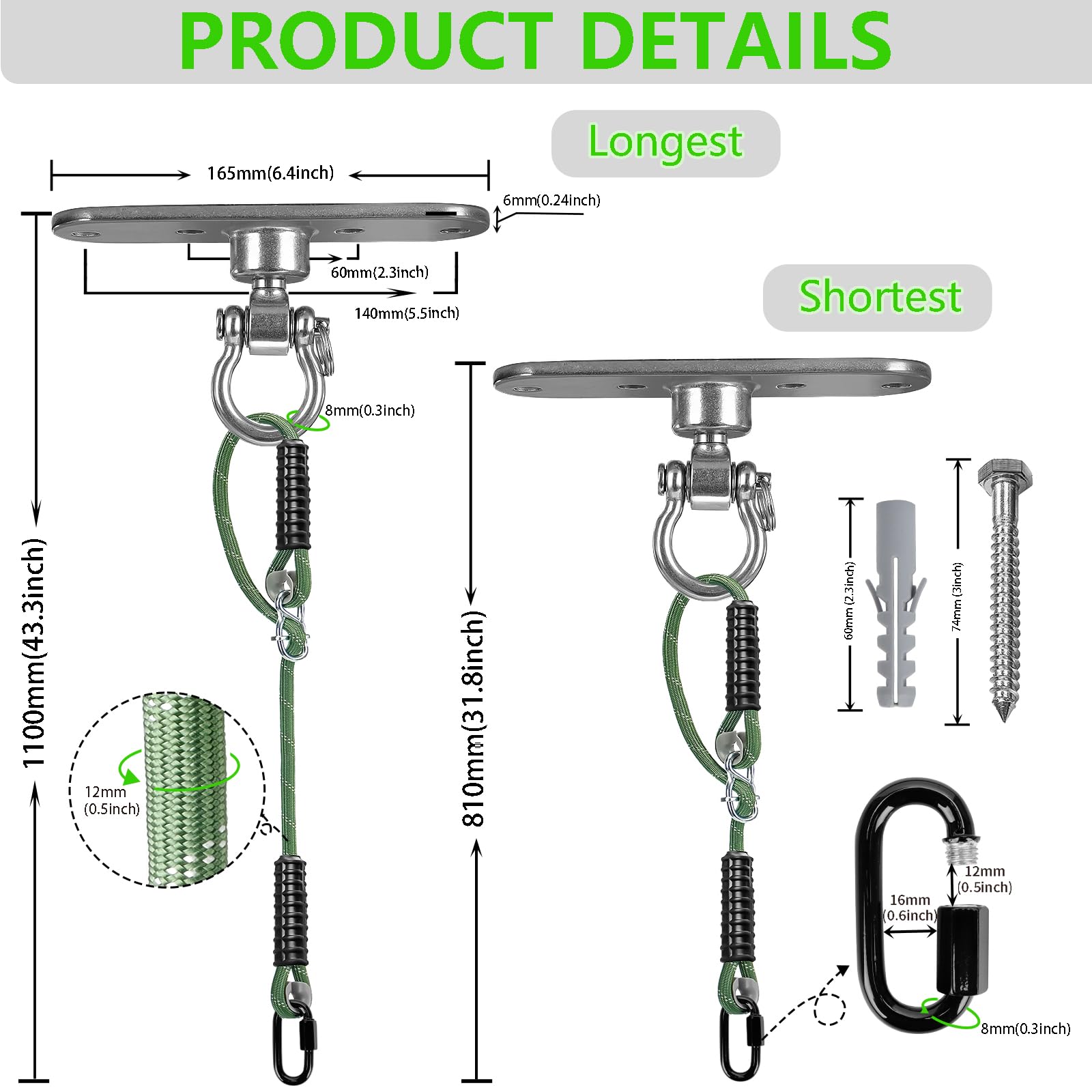 Gancho de techo de 1 m, cuerda de fijación con ajustable, capacidad de carga de 270 kg, acero inoxidable, giratorio 360°, gancho para sillón colgante con almacenamiento, para hamacas