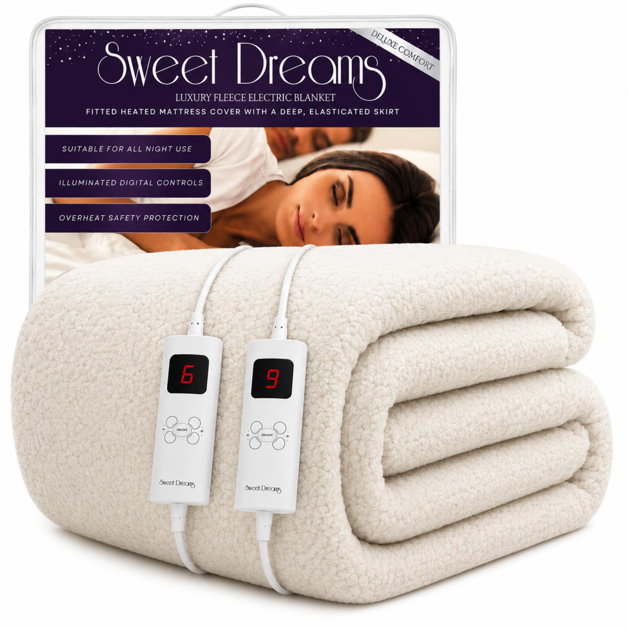 Sweet Dreams Electric Blanket King Size Dual Controls, Luxury Bed Fleece Heated Mattress Cover, Machine Washable Heated Underblanket, Overheat Protection (King Size)