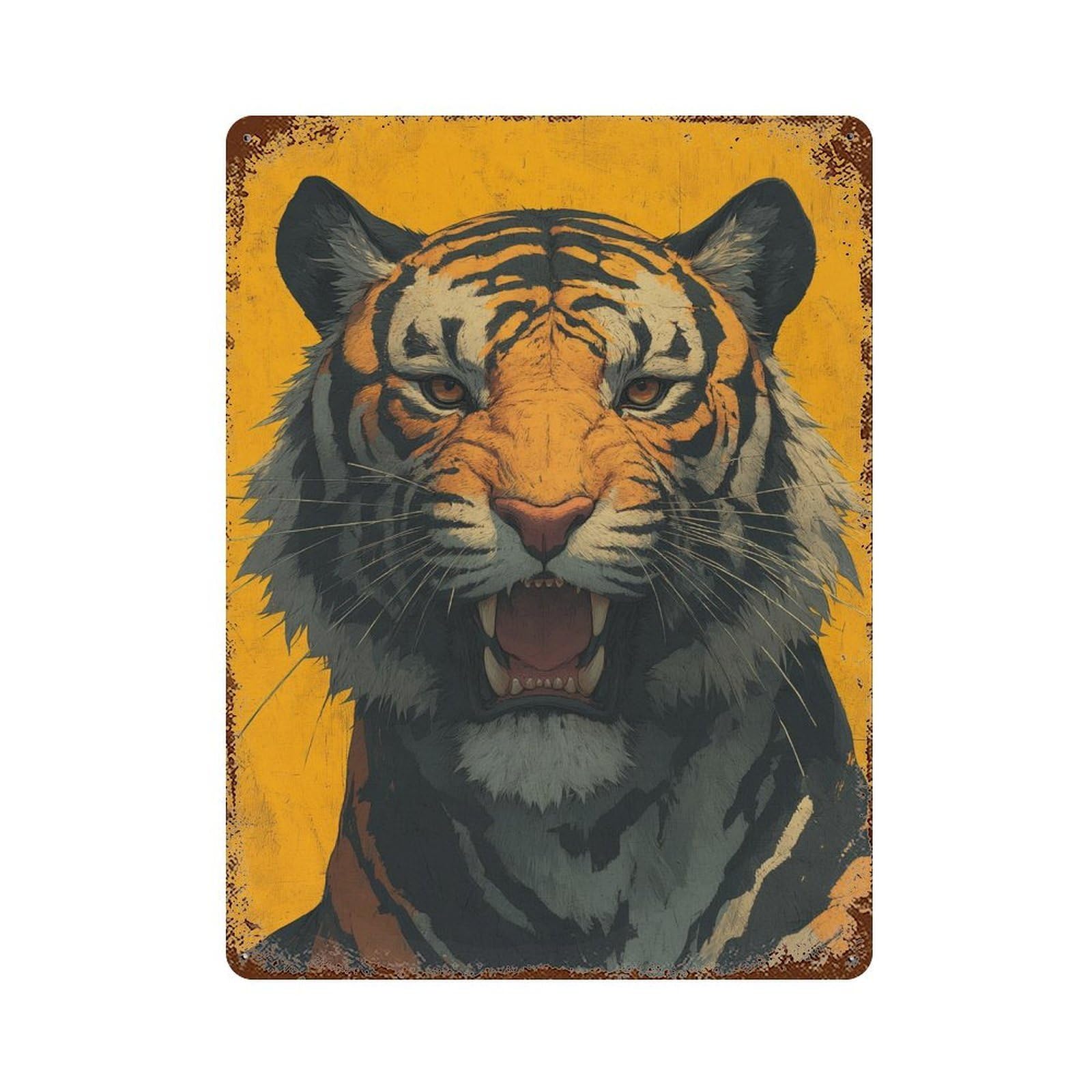 Roaring Tiger Portrait 15.7"x11.8" Vintage Rust Metal Sign, Novelty Wall Decor for Living Room, Hallway And Home Decor