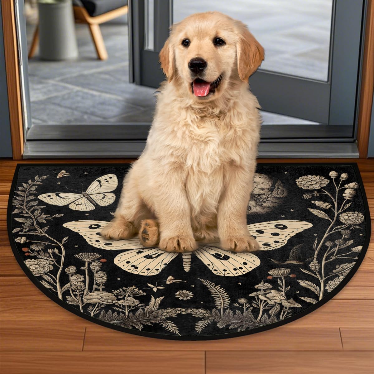 Half Round Door Mat Butterfly Leaves Gothic Print Welcome Mats Non-Slip Front Doormat Indoor Entrance Half Circle Bathroom Mat Low-Profile Kitchen Floor Mats, 36x24in