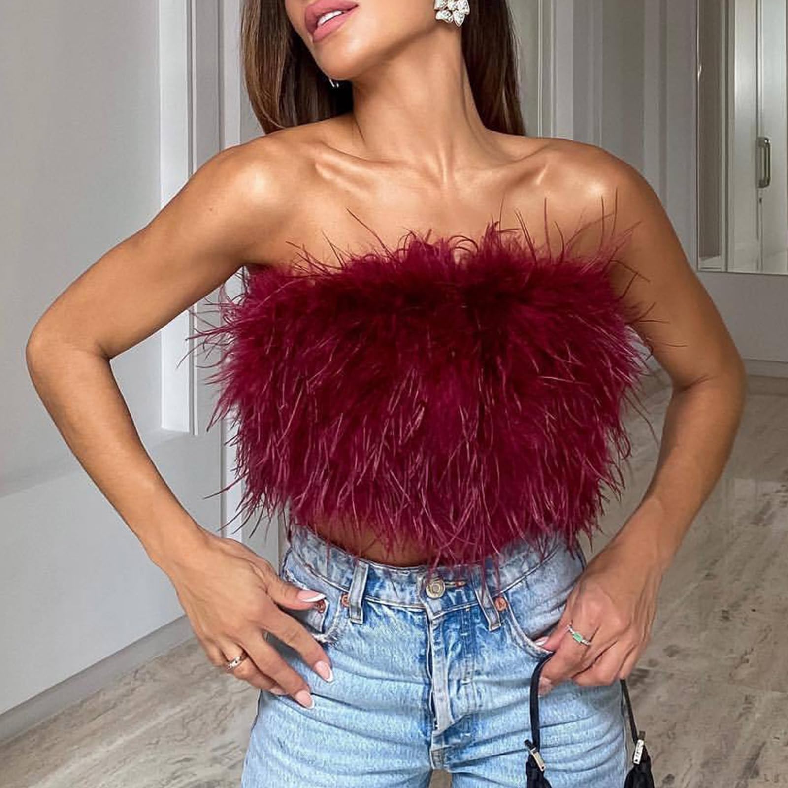 Donne Pellicce Sintetiche Piuma Crop Top Senza Spalline Fascia Tubo Top Peluche Estetica Cami Vest Canotte Clubwear Peluche Cami Vest Tank
