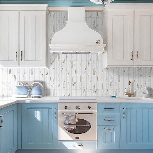 Miniatura 2 de STICKGOO 10 hojas de salpicaduras para despegar y pegar, calacatta Golden Stick on Stone Composite Tile Stikers, diseño lineal, azulejos de mosaico