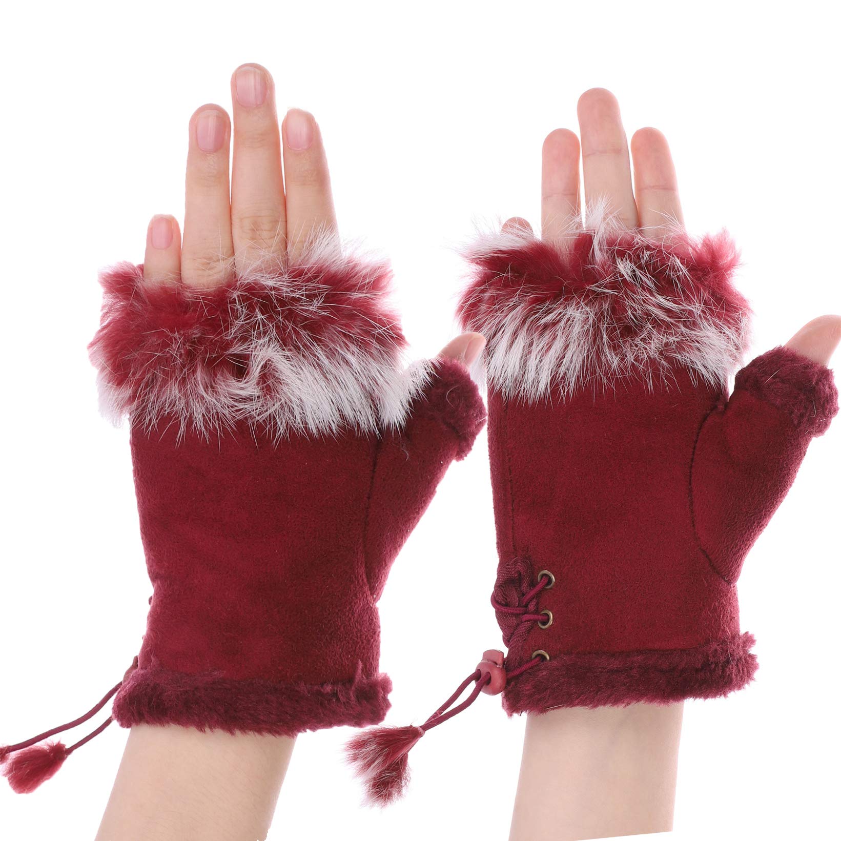 Women's Suede Fingerless Gloves - Faux Fur Lined Half Finger Mittens With Warm Winter Touchscreen, Thicken Fluffy Hands Warmer, Adjustable Windproof Cuffs For Cycling, Driving, Outdoor Sports