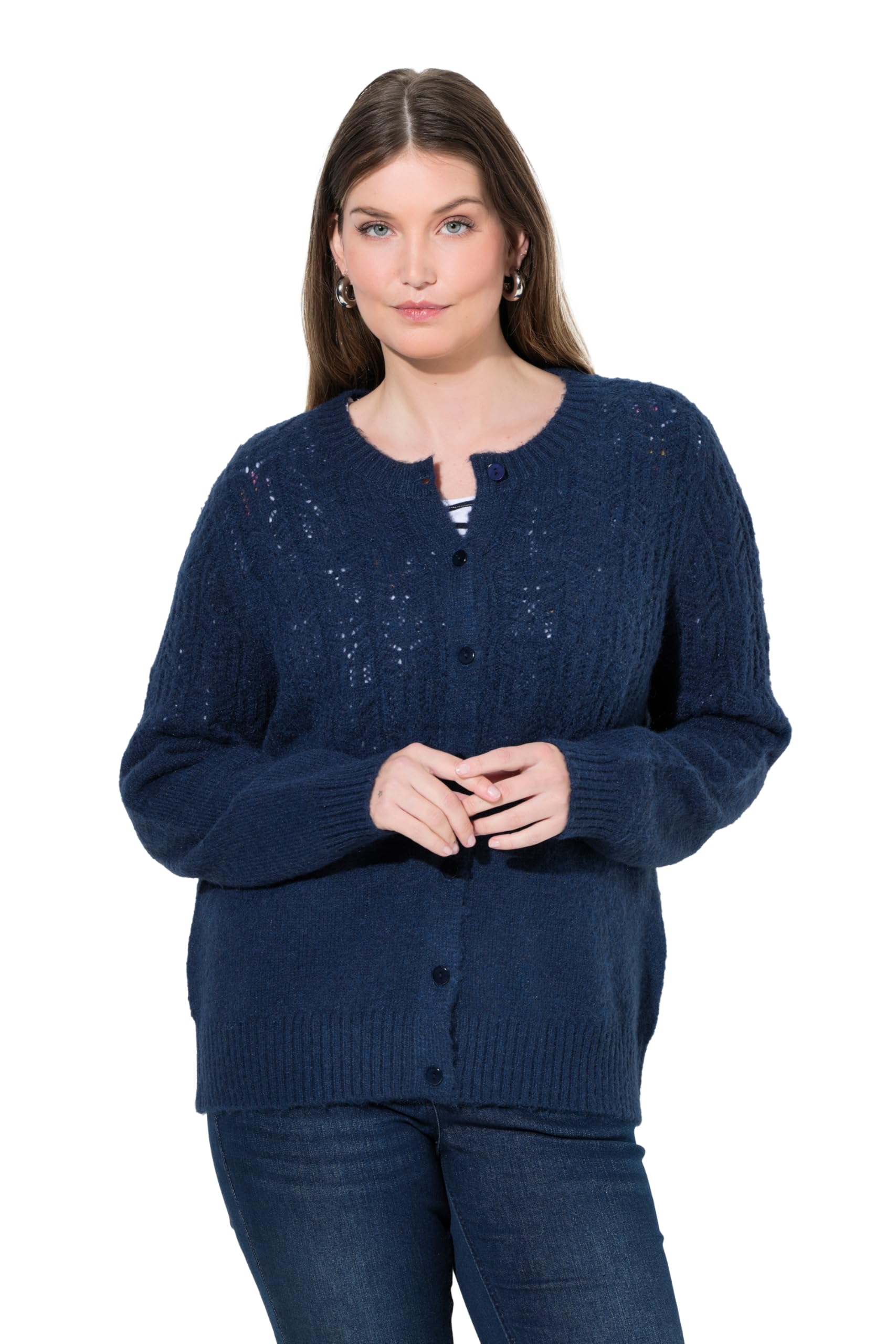 Ulla Popken Damen große Größen Übergrößen Plus Size Strickjacke, Ajourmuster, Rundhals, Langarm 845503