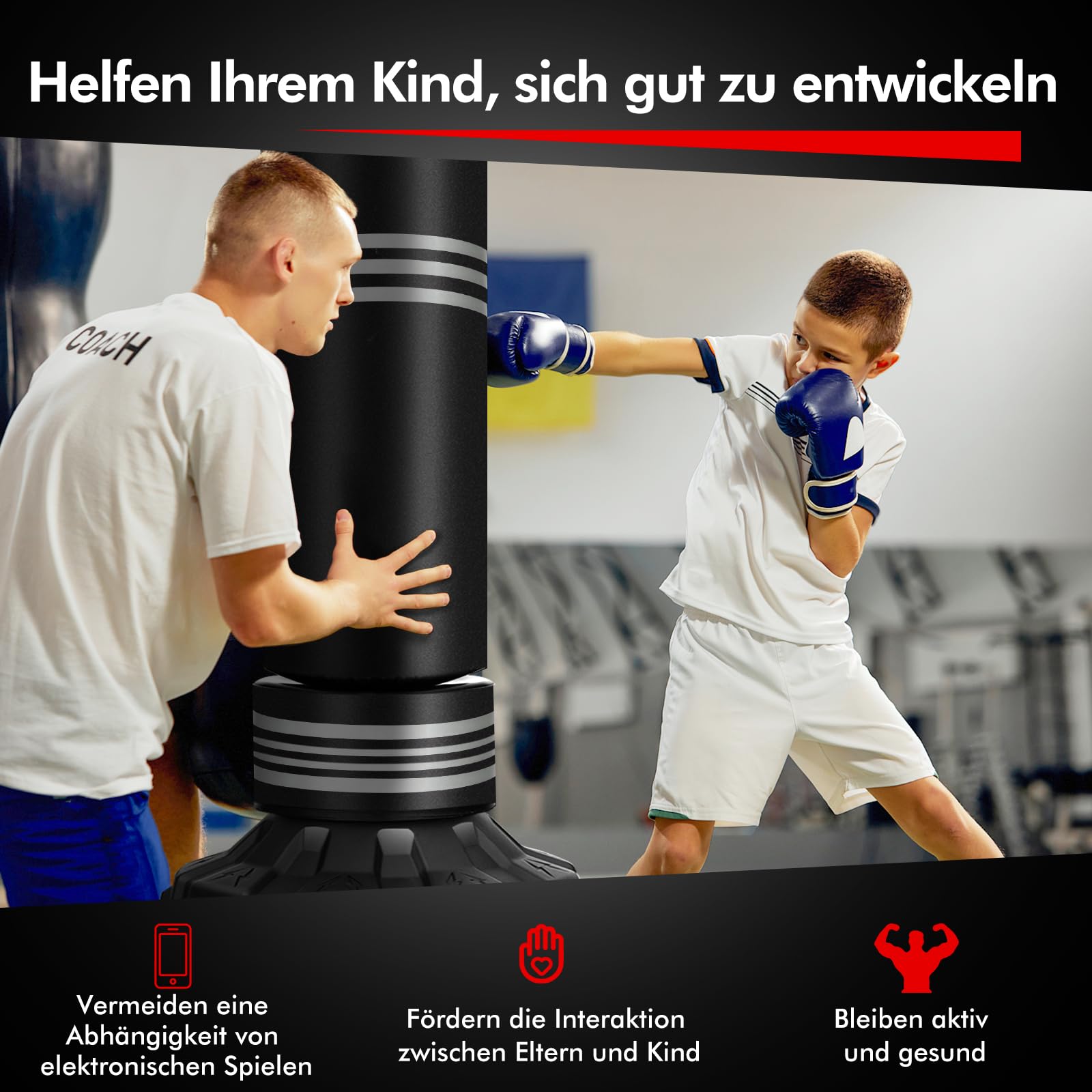 COSTWAY Boxsack stehend, 170 cm Schwerer Box Sack mit gefülltem Ständer, Standboxsack aus Kunstleder mit Saugnapf, Kickboxsack für Kinder, Jugendliche & Erwachsene, Boxing Trainer für Zuhause