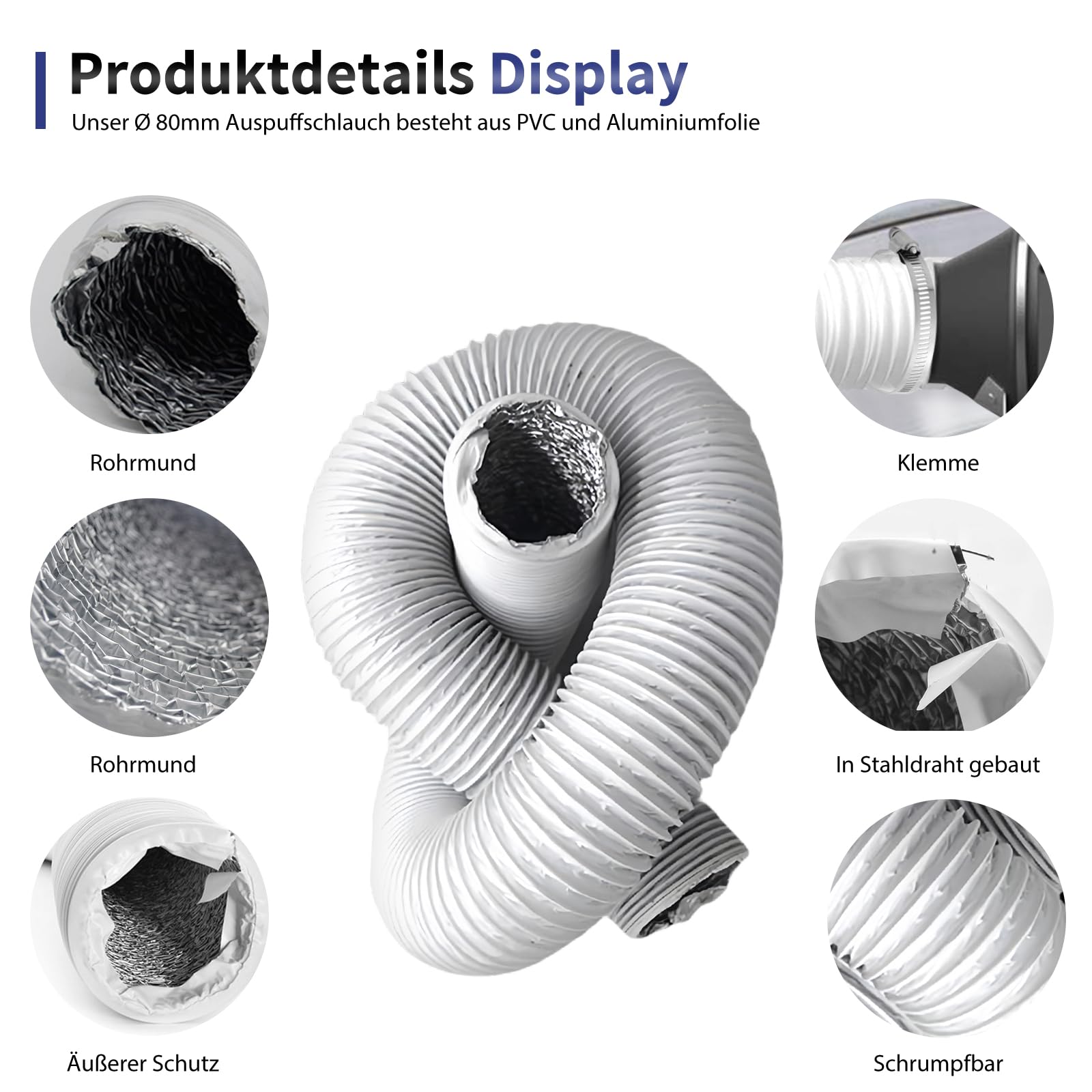 Tubo Flessibile Scarico Aria &Oslash;80 Mm X 6 M - PVC Alluminio, Per Condizionatori E Asciugatrici