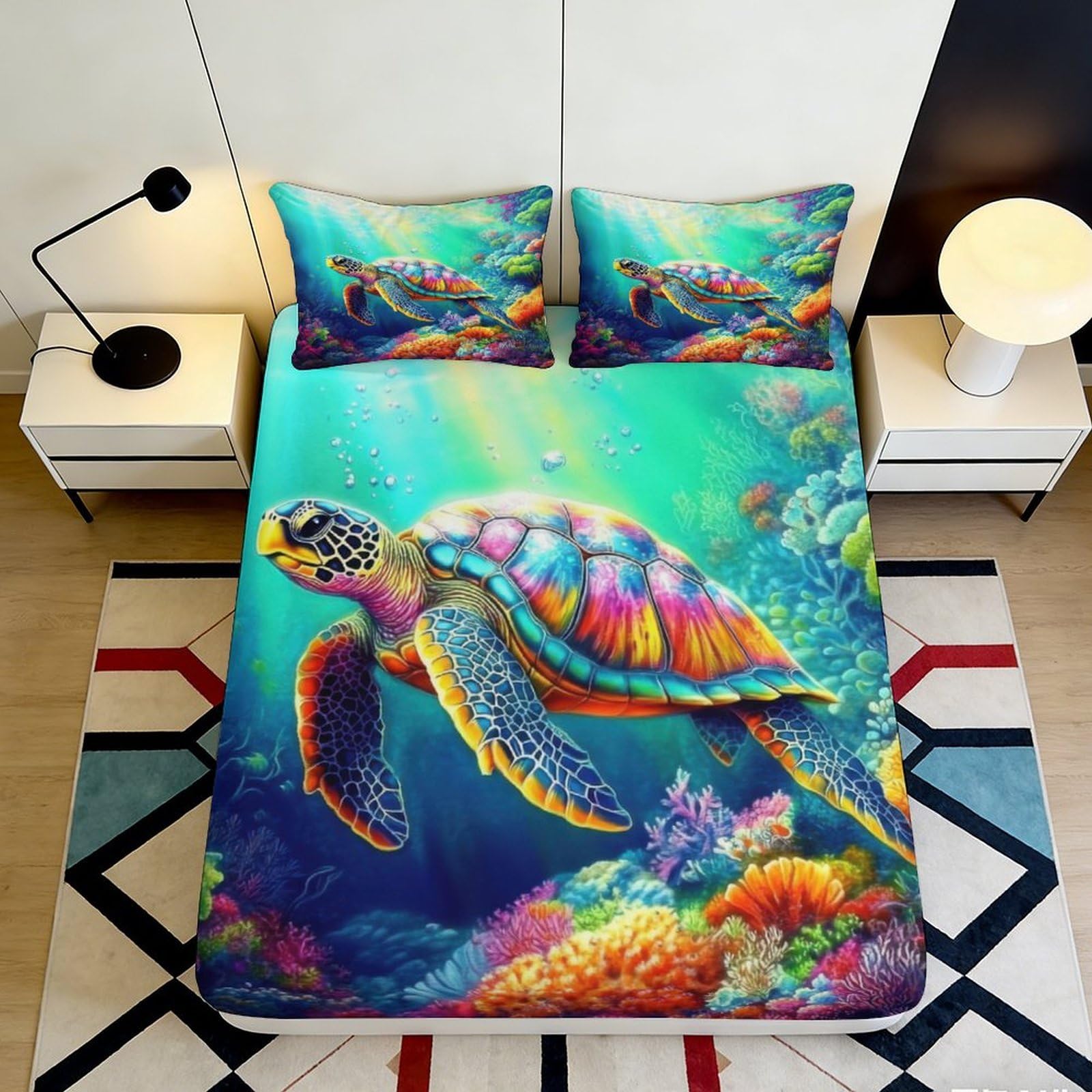 Jqzkxnhpbr Style-9 3D Printed Ocean Turtle Fitted Sheet Microfiber Soft Vibrant Coral Mattress Cover For Bedroom Dorm Decor 90X200x25cm