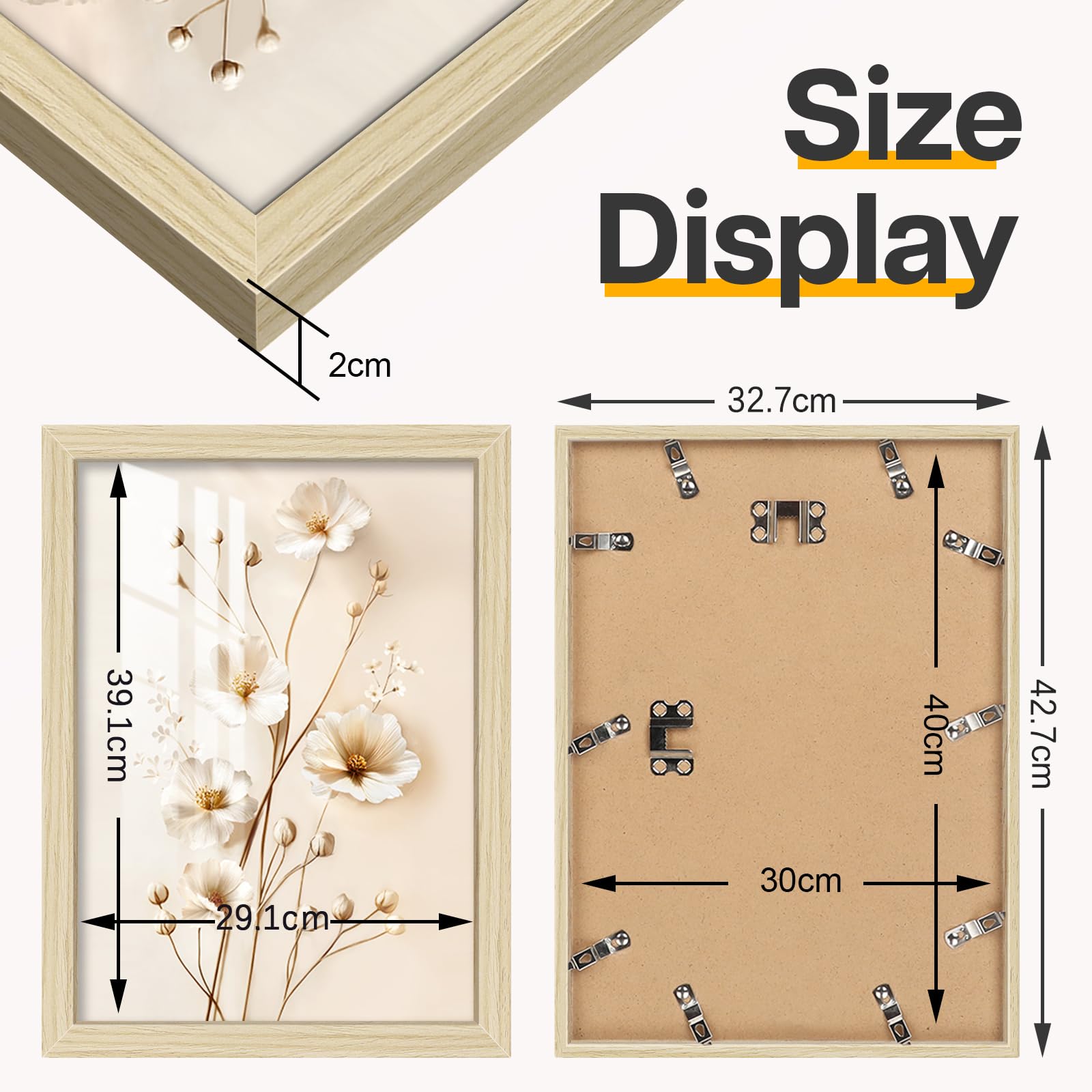 2cm 3Pcs A3 Marcos de Fotos madera con Vidrio Acrílico HD, MDF Portafotos Marco 30x40 cm Natural, Horizontal o Vertical Mostrar Foto Marcos para Fotos, Cuadros, Pósteres, Puzzle, Documentos, Diplomas