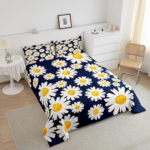 Miniatura 2 de Erosebridal Juego de ropa de cama con diseño floral de margaritas blancas para niños y niñas, juego de edredón de flores amarillas de jardín, tamaño