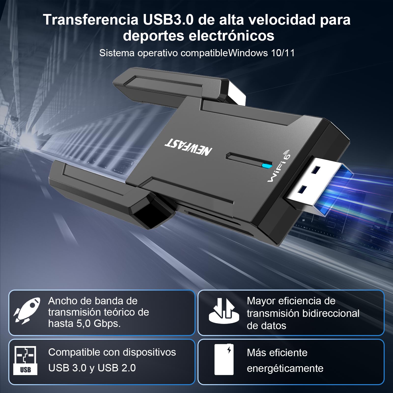 NEWFAST AXE5400Mbps Adaptador WiFi USB para PC Adaptador WiFi6E, USB3.0 Wi-Fi 6 para PC 6GHz/5GHz/2.4GHz Antena WiFi USB Compatible Windows 11/10, MU-MIMO