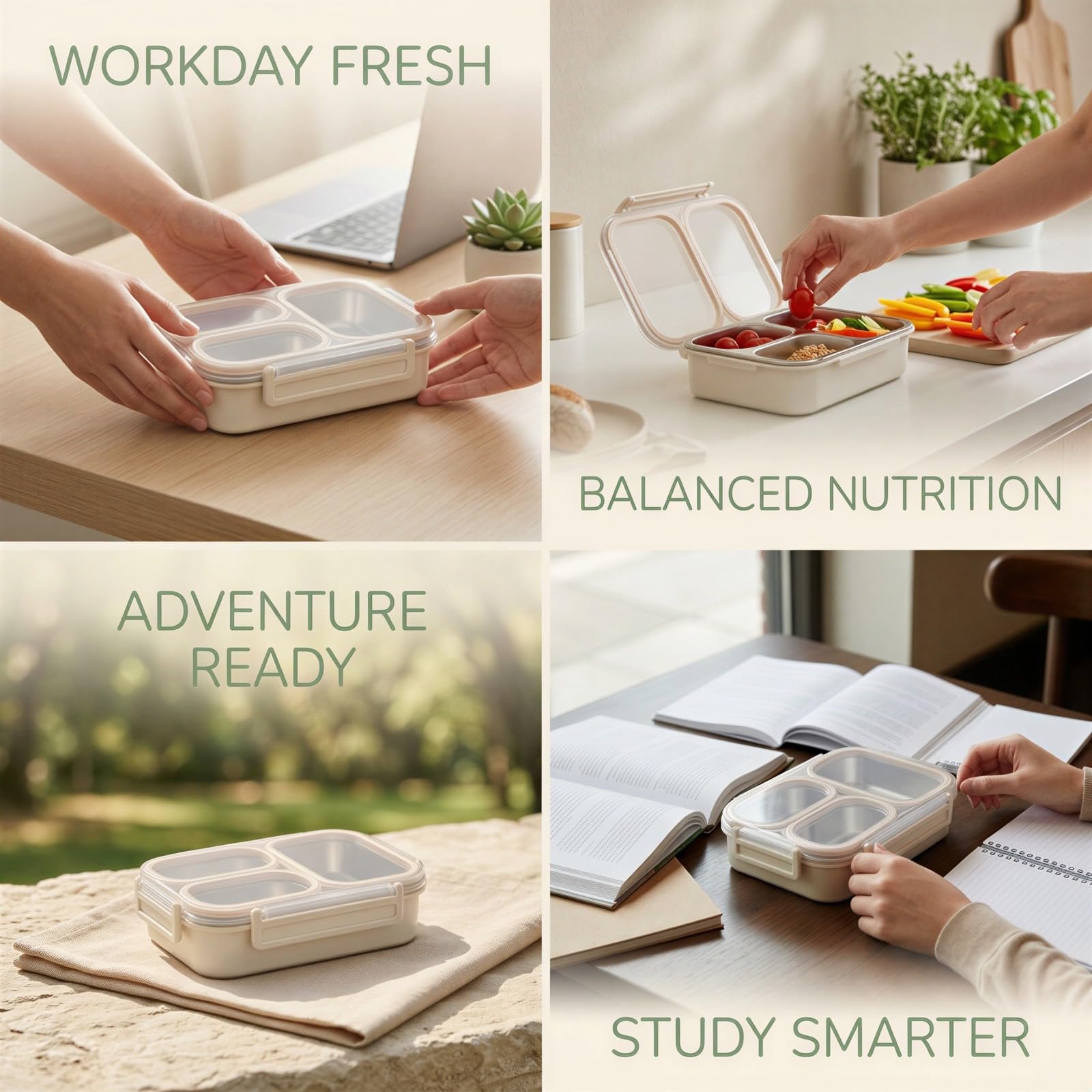 Lunchbox aus 201 Edelstahl in Beige, 3-Fach, auslaufsicherer Food-Container mit PP-Schale und Schnappverschlussdeckel, geeignet für Arbeit, Büro, Meal Prep und unterwegs, ideal für den Alltag