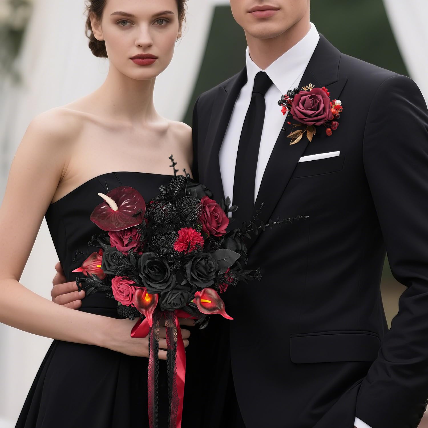 Ansteckblume Uflower Schwarz-Rot-Taschen-Boutonniere for Bräutigam, Trauzeugen, Gast for Hochzeit, Abschlussball, Heimkehr, Jahrestag(4Pcs)