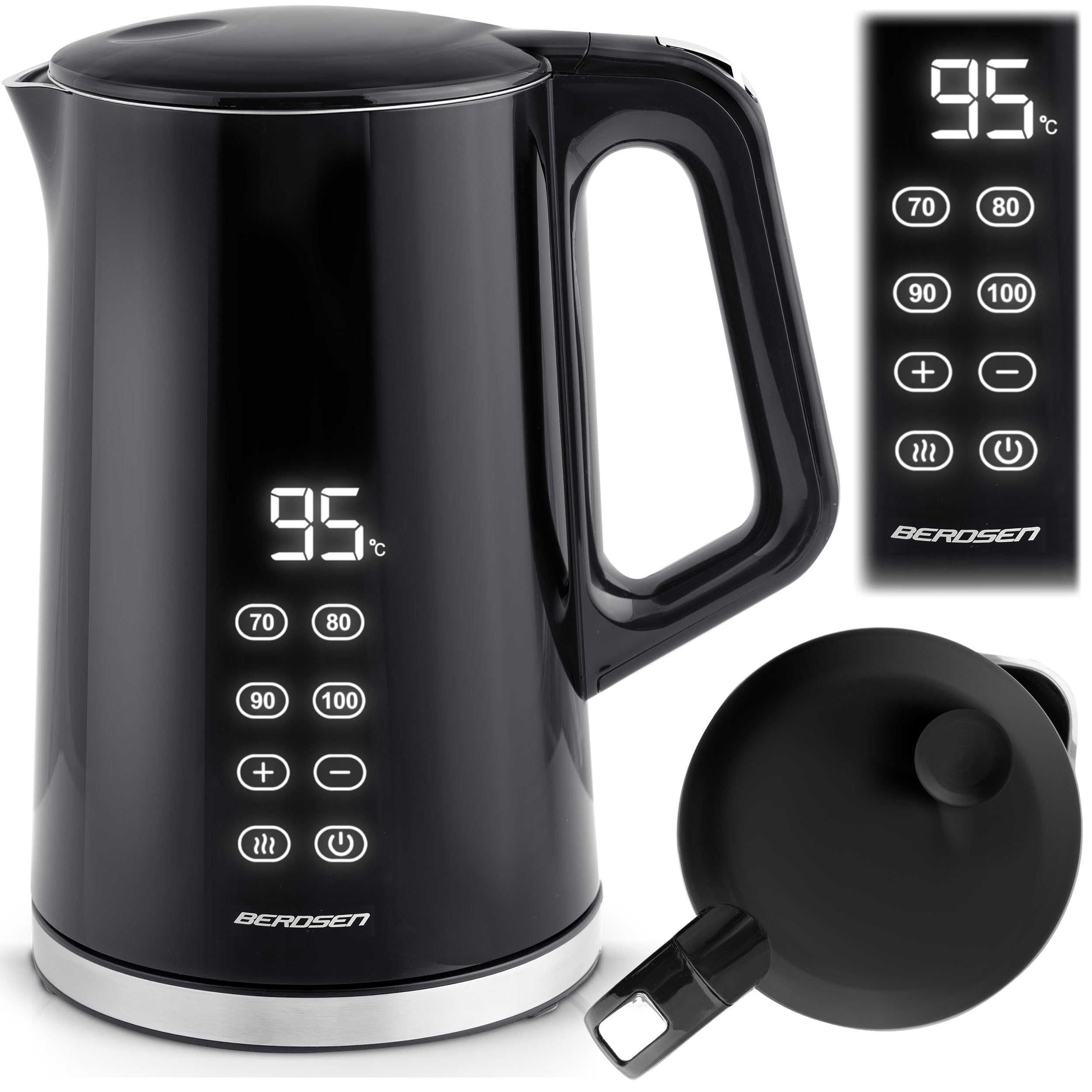 Berdsen Bollitore elettrico – 1,7 L – con regolazione della temperatura – Indicatore digitale della temperatura a LED – Protezione contro il funzionamento a secco – Base a 360° – Nero