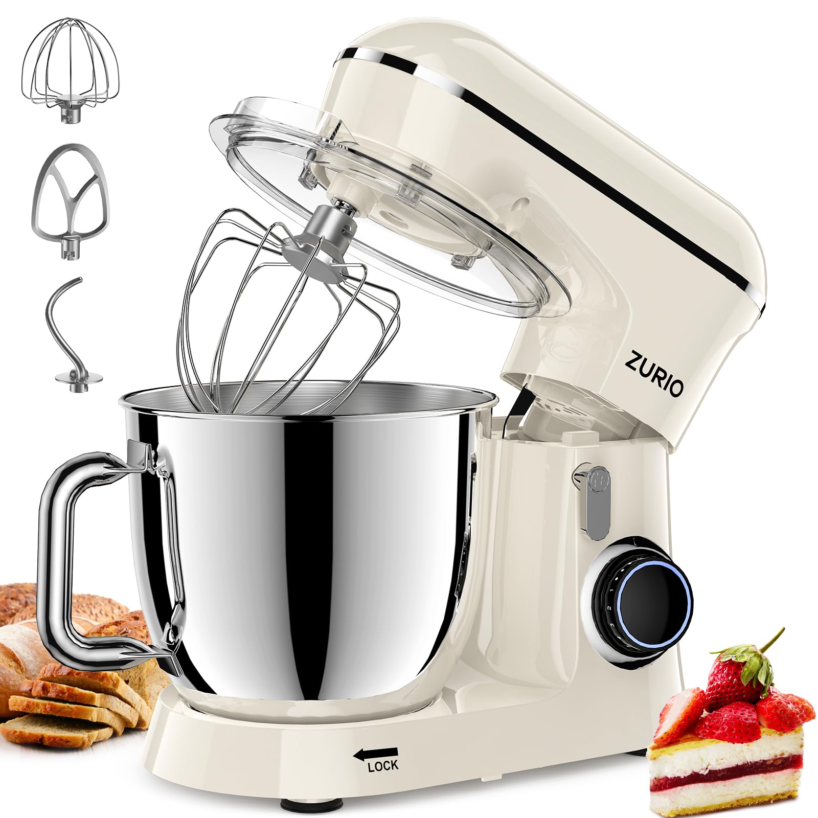 Robot Patissier 1300w Zurio 5.5L Batteurs Et Robots Portable à 10 Vitesses Avec Fonction De Silencieuse, Avec Accessoires Crochet à PâTe, Fouet, PéTrin Argent (Cream)
