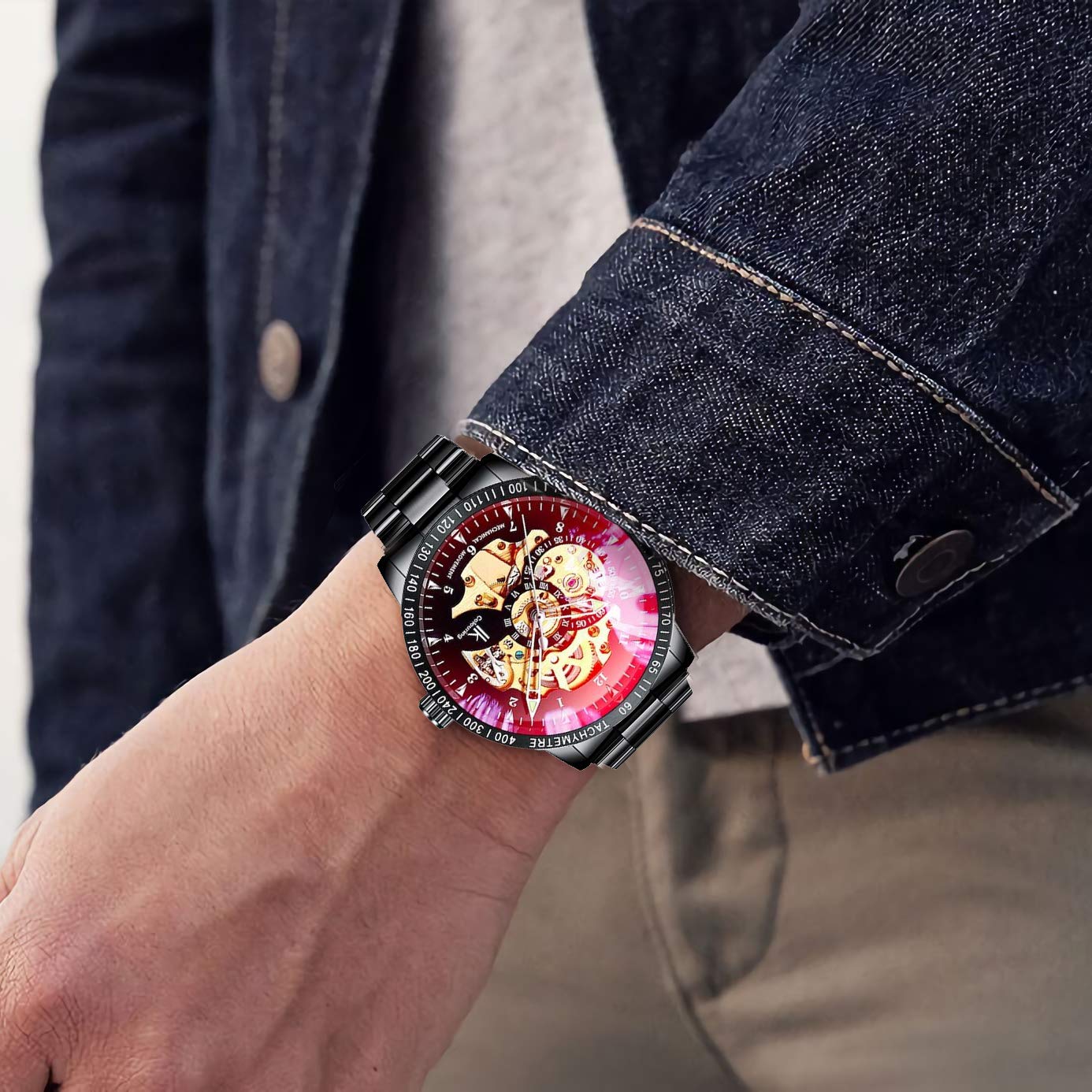 Orologio da polso meccanico automatico scheletro, quadrante argentato dorato tachimetro nero in acciaio inox casual Steampunk Watch Nero e rosso