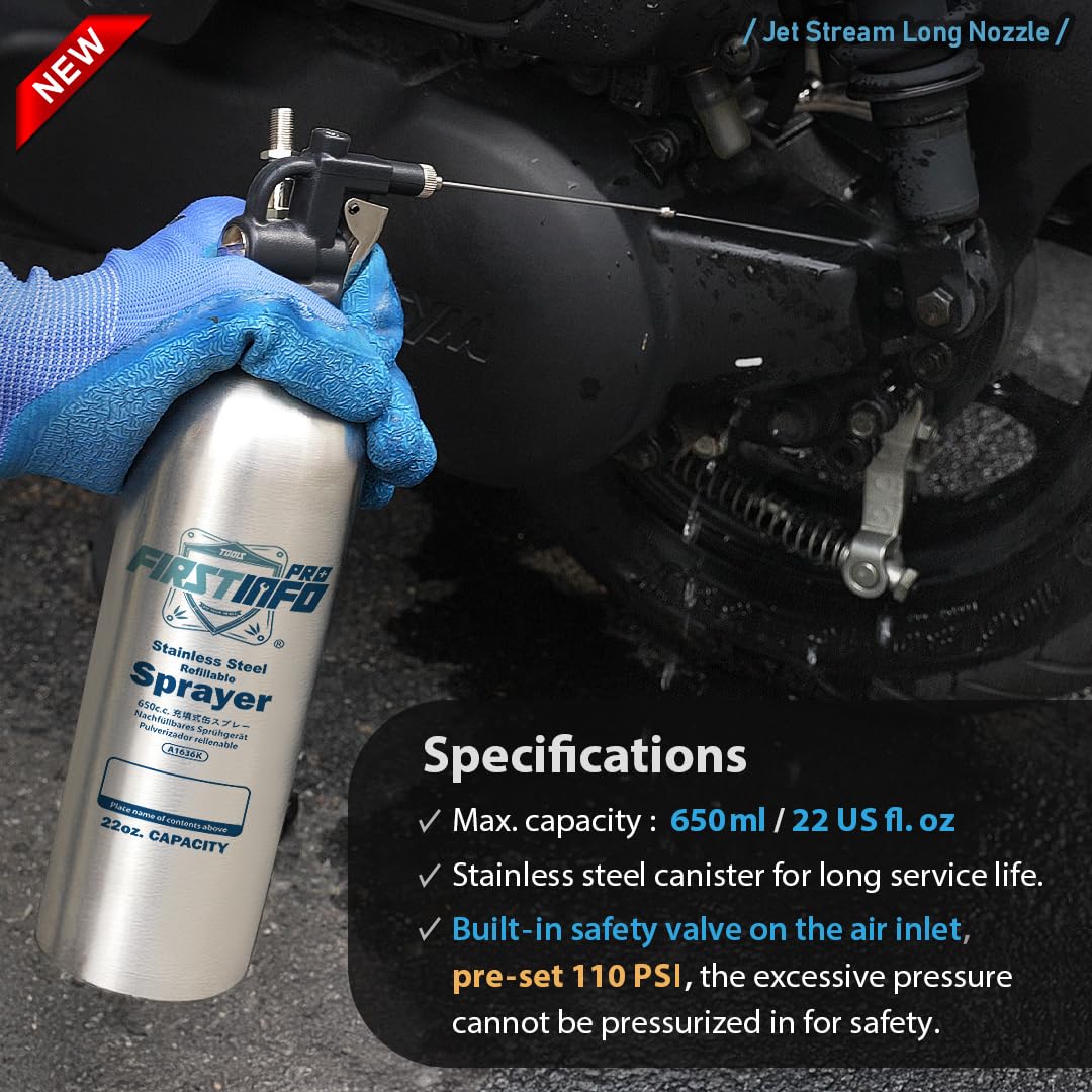 FIRSTINFO A1636K | Maks. ciśnienie 110 PSI, 650 ml, kanister ze stali nierdzewnej, rozpylacz ciśnieniowy, rozpylacz pneumatyczny, do wielokrotnego napełniania