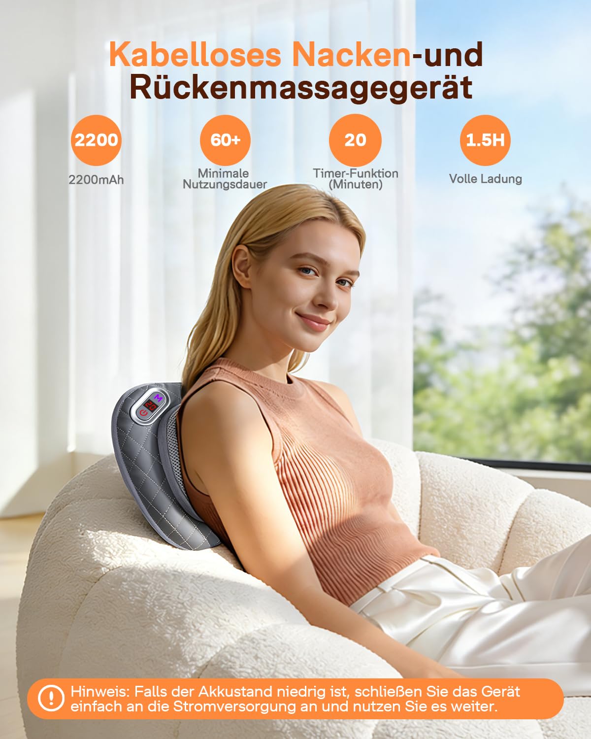 ALLJOY Nackenmassagegerät mit Wärmefunktion, Kabelloses Shiatsu Massagekissen mit LCD-Display & Akku,Rückenmassagegerät mit 3D-Rotationsköpfen für Zuhause Büro Auto, Geschenk für Männer Frauen