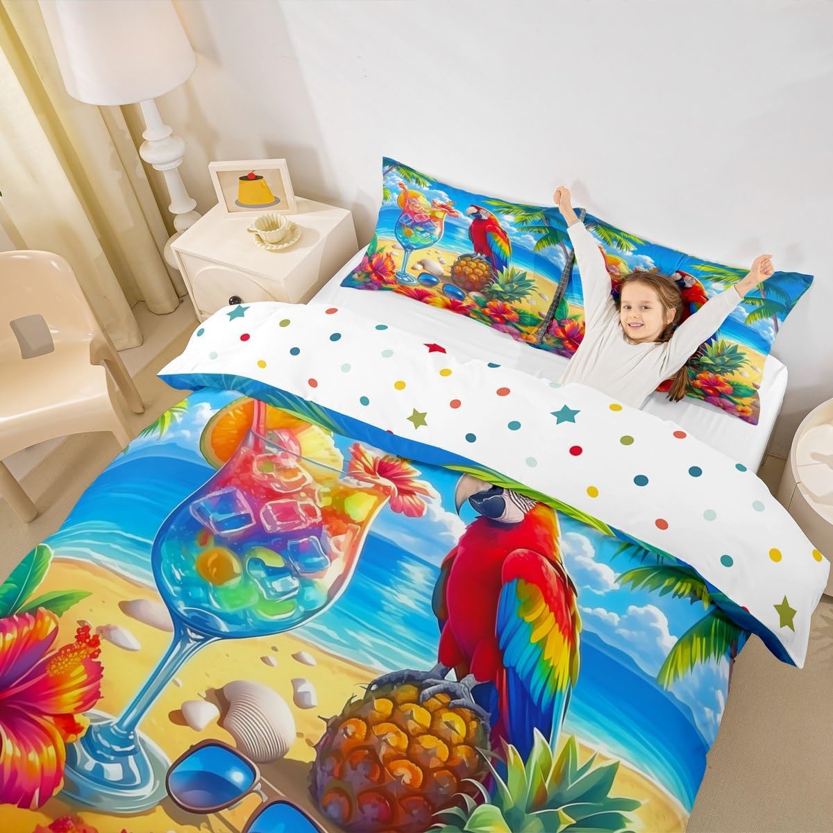 Erosebridal Hawaii Beach Comforter Cover Toddler Pineapple Parrot Seaside Holiday Duvet Cover Summer Cool Juice Drink Bedding Set Watercolor Flowers Plants Bedspread Cover for Kids Boys Girls