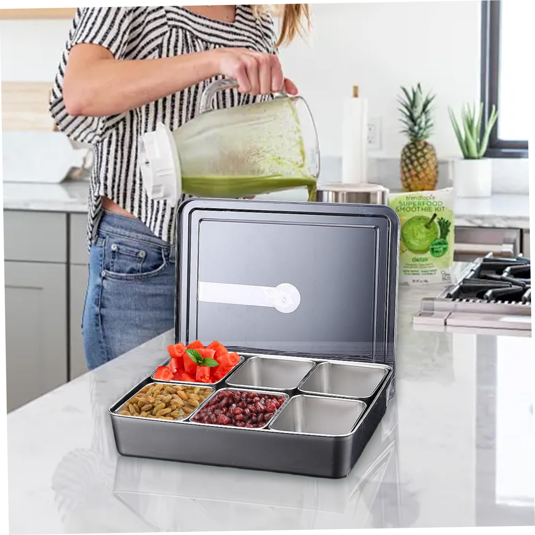 Juego de dispensador de especias de alta calidad, caja de condimentos de 6 compartimentos con tapa y cucharas, ideal para cocina, cafetería y hotel, duradero, elegante, fácil acceso y solución de