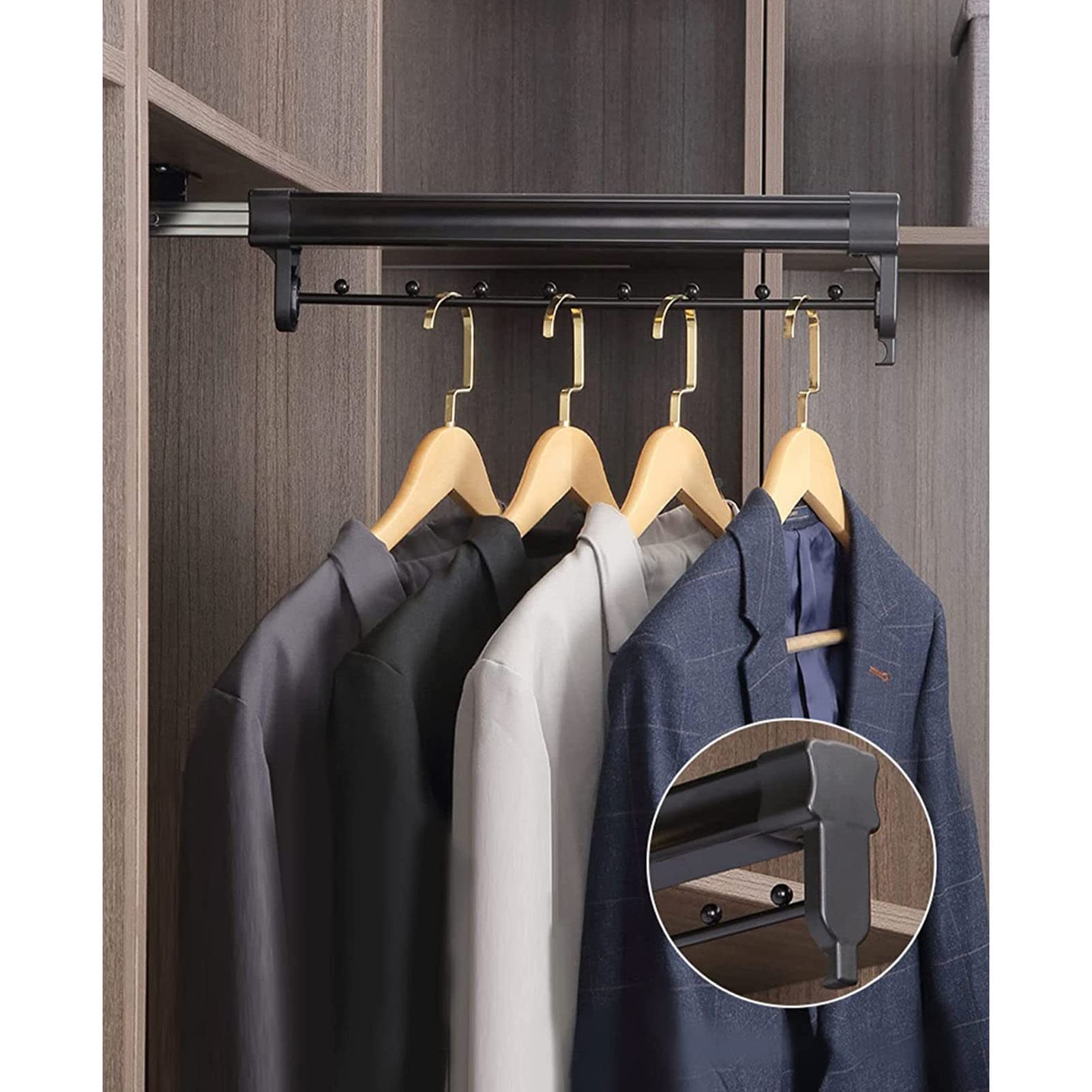 Wardrobe rail Pull-Out Extendable Closet Valet Rod, Sliding Wardrobe Hanging, Black(40cm/16 inch)