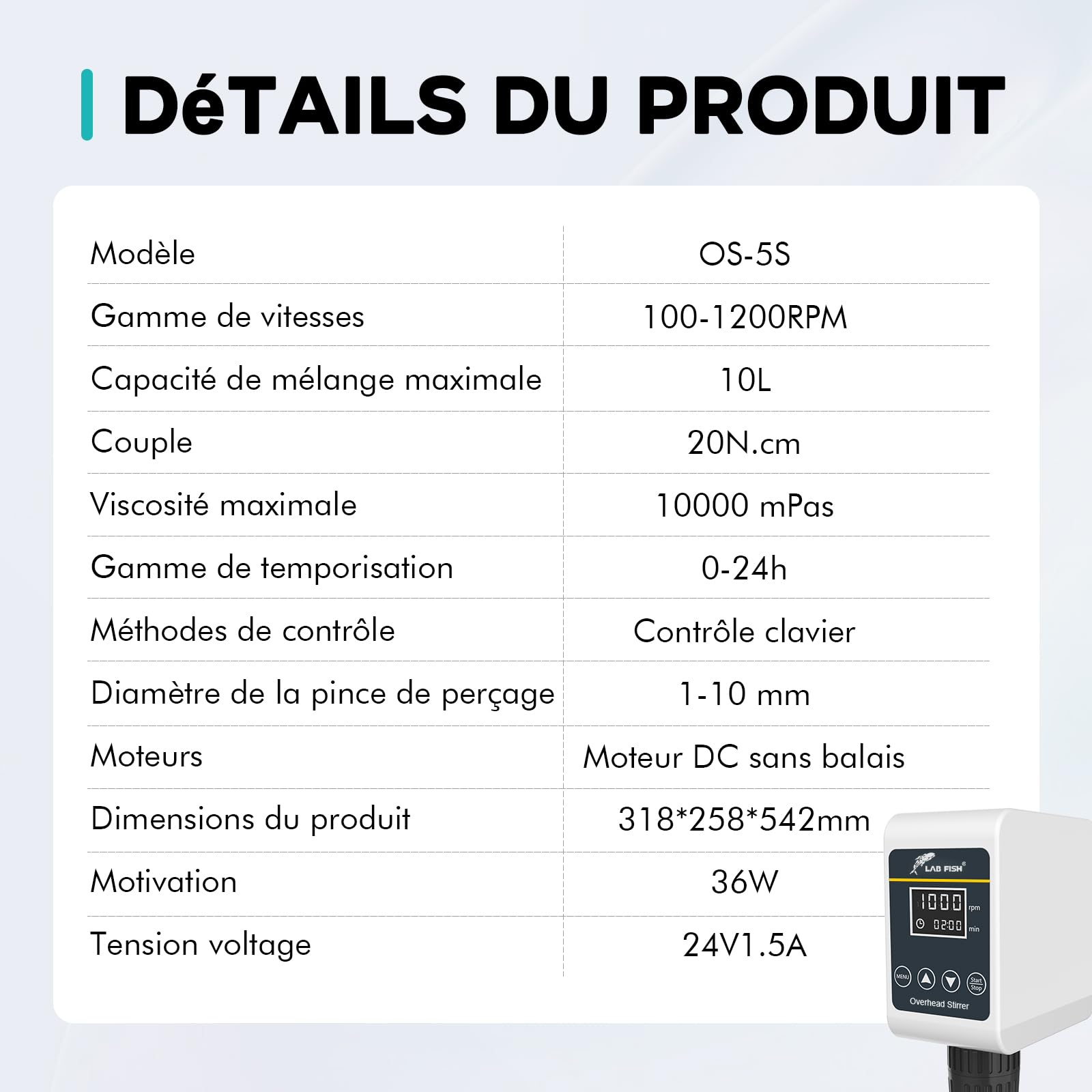 LAB FISH OS-5S Agitateur Aérien Overhead Stirrer, Mélangeur Laboratoire 36W avec Pale et Support Acier Inox, Vitesse Ajustable 100-1200 tr/min, Minuterie 1min-24h, pour 10L & 10000 mPas Max