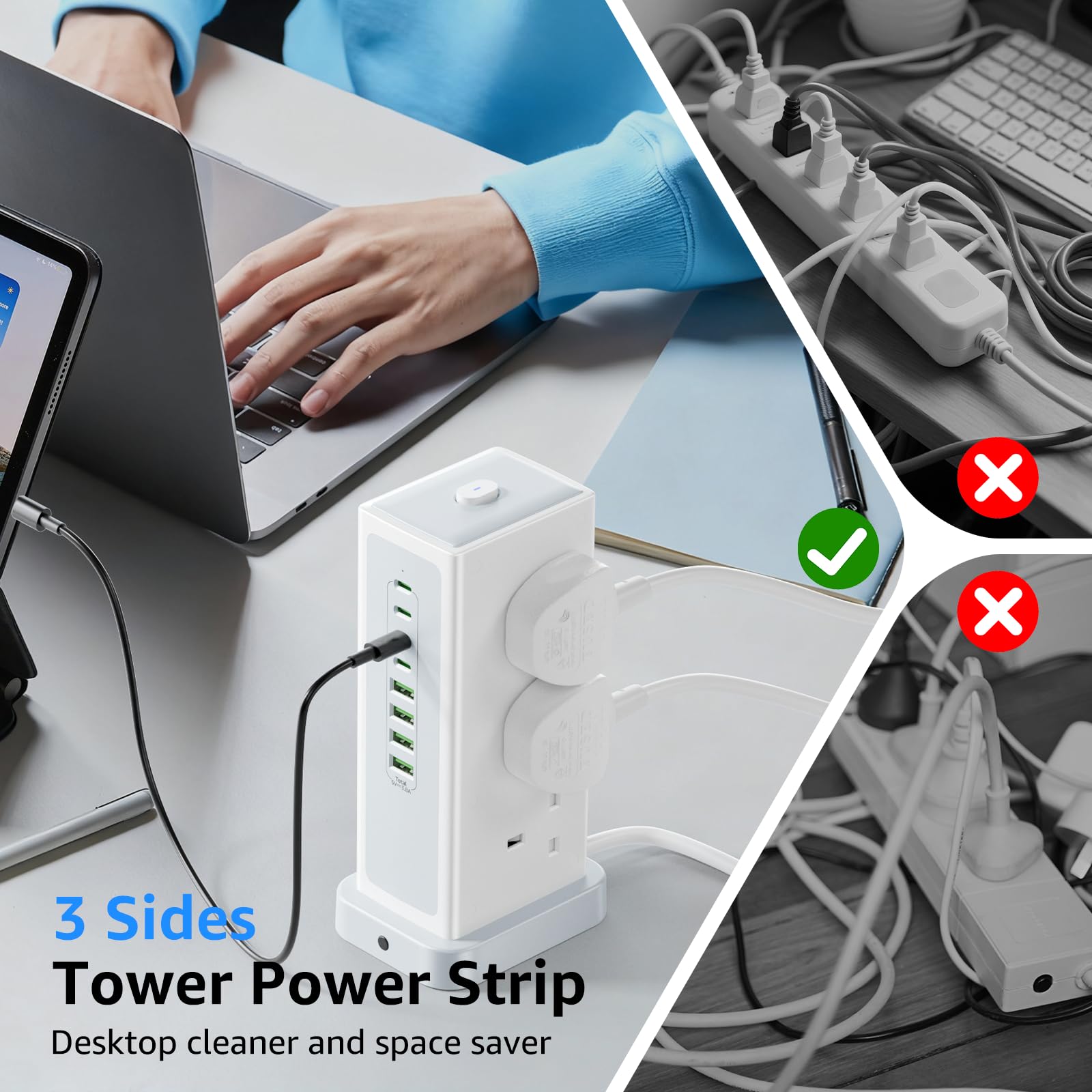 Tower Extension lead with USB Slots,6 Way (13A/3250W) Plug Extension Socket with 4 USB C & 4 USB A, Overload Protection Power Strip with Switch 1.8M Extension Cable for Office, Home, Kitchen — view 6