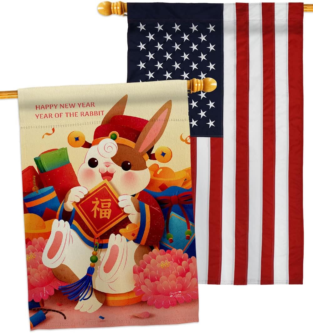 Luck Rabbit Year Home Decor American Flag Banner Pack Wall Art Patio Porch Lawn Garden Outdoor Decorations Tapestry Yard Signs Lunar New Year Gifts Spring Festival Chinese Decorations Made In USA
