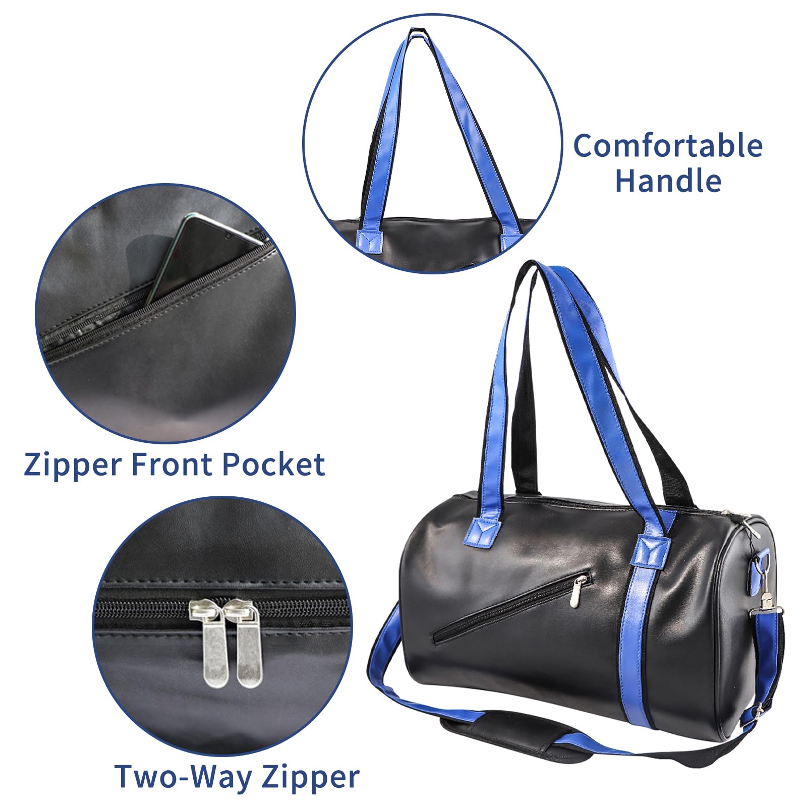 Sac de Sport pour Hommes Femmes Fitness Workout Sports Duffle Bag Cuir PU Grand Sac à Main Cylindre Crossbody Épaule Sac de Nuit pour Voyage, Affaires (Noir)