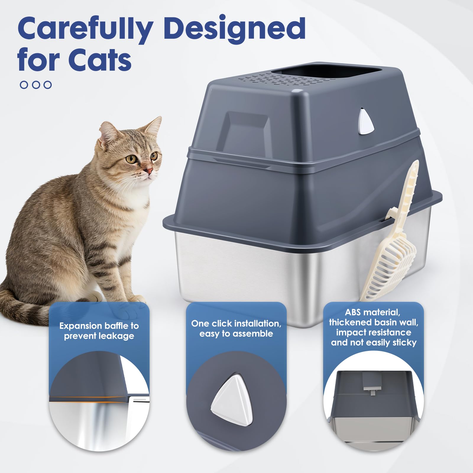 Modign Enclosed Stainless Steel Cat Litter Box with Lid, Top Entry Design,Dog Proof Protection for Cat Privacy, Includes Scoop, Suitable for Kittens, Medium or Normal Sized Cats (Grey) - image 4