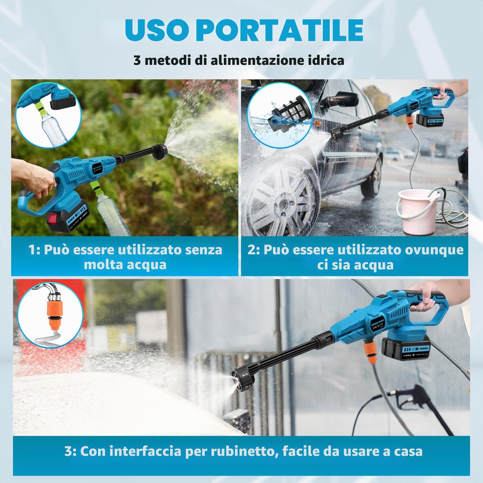 Sararoom Idropulitrice a Batteria | 120 Bar Idropulitrice alta pressione senza fili | Pistola idropulitrici portatile con 2*3000mAh batterie,6 in 1 Ugello,5M Tubo,per Auto Giardino Pavimenti Lavaggio