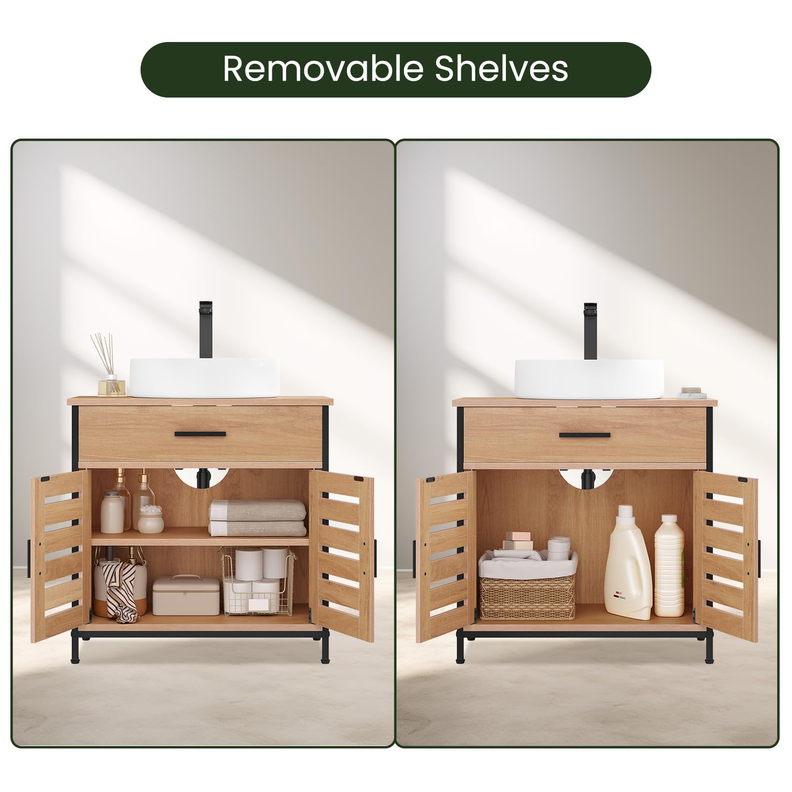 EUGAD Waschbeckenunterschrank, Badezimmer Unterschrank Waschbecken, Badezimmerschrank mit Schublade, 2 Türen, verstellbare Ablage, freistehend, 60x60x30 cm, Helle Eiche
