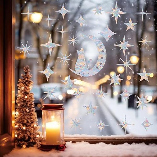 Miniatura 7 de Shawula Cat Moon y 54 piezas de calcomanías de ventana de estrella  Calcomanías anticolisión para ventana para salvar a los pájaros de colisiones de