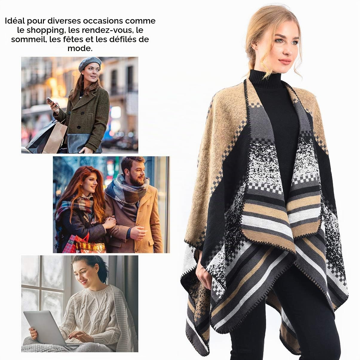 OOPOR Poncho Châle Rétro Ouvert Femme - Plaid Imprimé Tricot Pull Manteau Gilet Large Long Pancho Tartan Style Capuche Chaud Grand Polaire Cape Veste Foulard Ponchos Echarpe Automne Hiver Ethnique