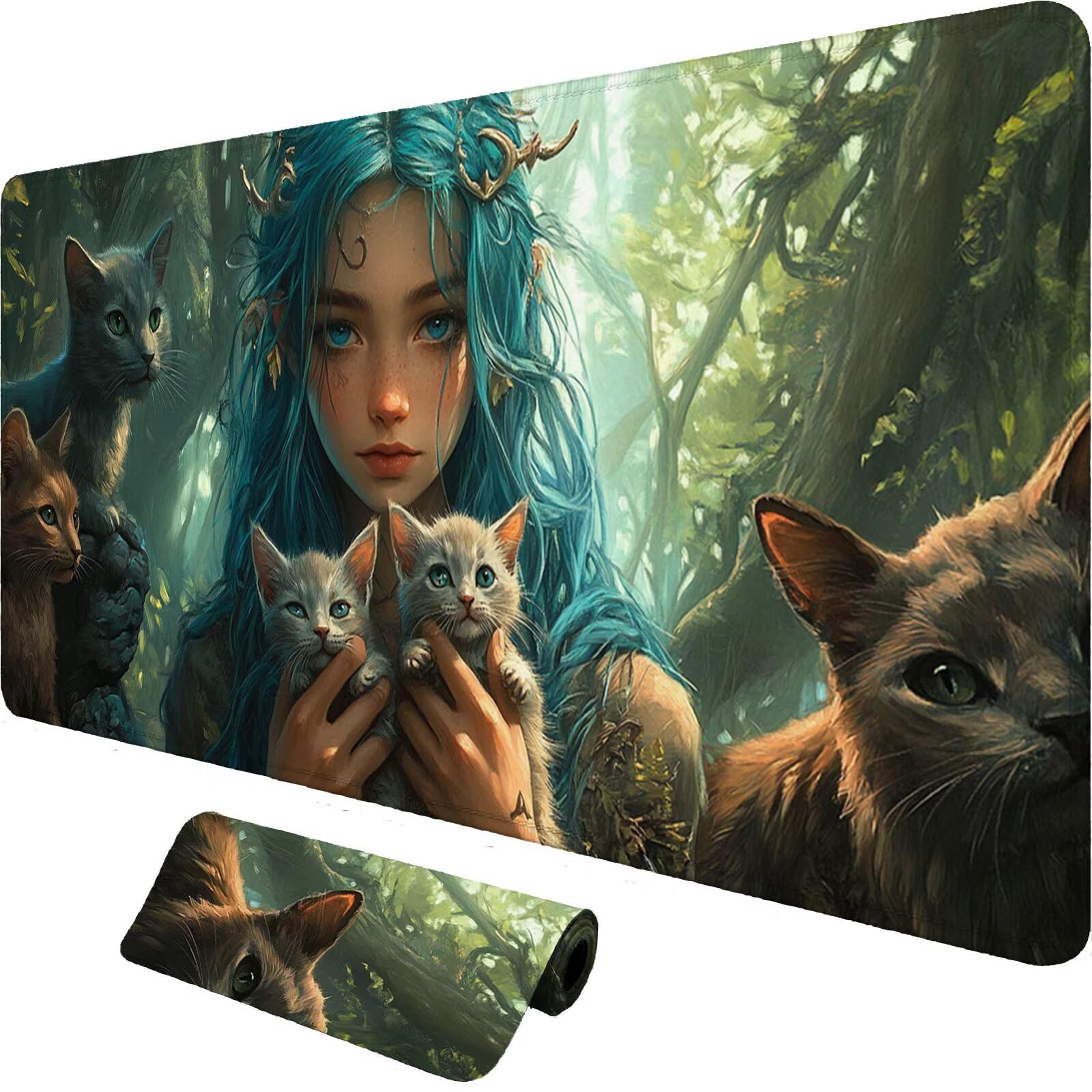 Tappetino Mouse Gaming XXL 1200x600x3mm,Tappetino Mouse Gatto Design con Bordi Cuciti,Ragazza Mouse Pad Gaming Accessori per Migliora Precisione e Velocità,Extended Keyboard Pad per Scrivania,o-1929