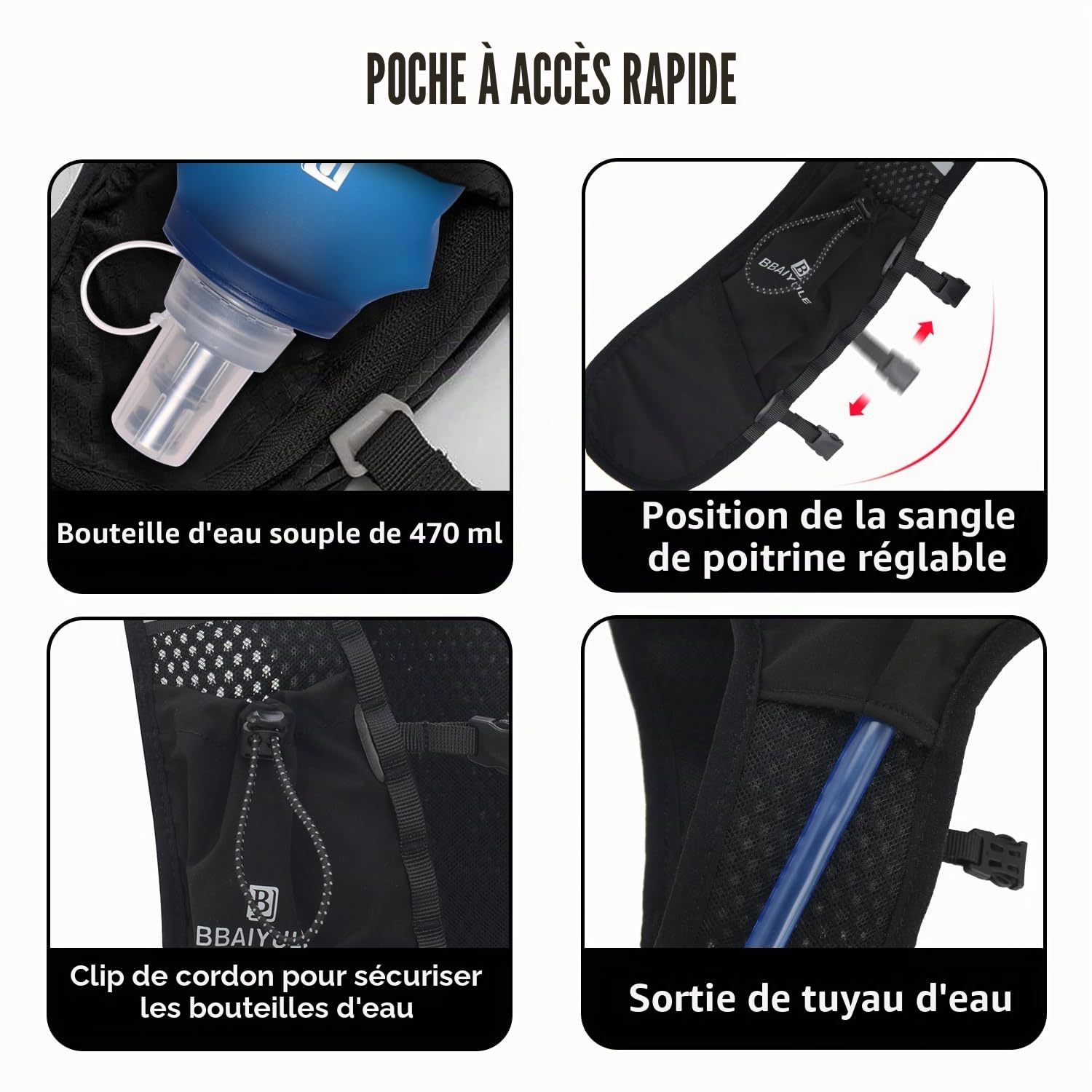 Sac à dos d'hydratation avec poche à eau et bouteille souple | Gilet de course pour homme et femme | Sac à dos de course ultra léger | Sac à dos de vélo de trail running