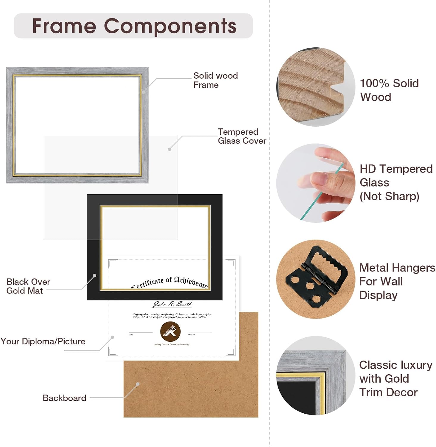 11x14 Diploma Frame Grey with Gold Trim - Display 8.5x11 Diploma with Black Over Gold Double Mat Or 11x14 Certificate without Mat - Soild Wood with Tempered Glass - Horizontal Or Vertical Display - 1 Pack