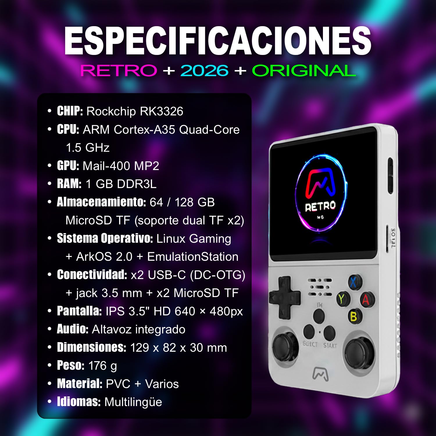 SVP Game R36S - Consola Retro Portátil con Estuche y Lector TF-USB, Original 2026, Compatible con 40.000 Juegos, Panel IPS 3.5”, Linux, x2 Ranuras TF, Bat. 3500 mAh (Blanco, 128, GB, Pack Ultra)