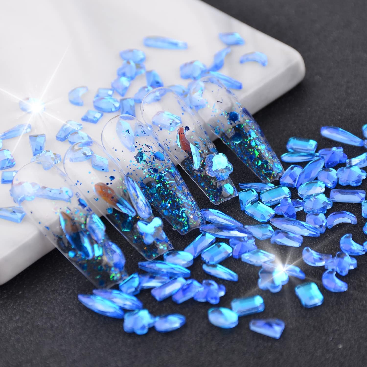 100Pcs Mixed Shape Aurora Glass Crystal Nail Art Rhinestones Nail Gems Iridescent Clear Nude Flatback Rhinestone Diamonds Stone for 3D DIY Nails Art Crafts Jewelry Decoration (Aurora Blue)