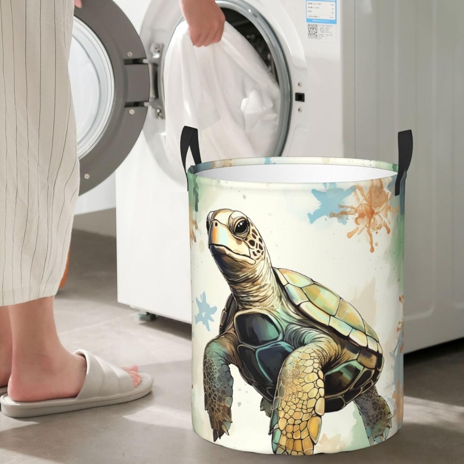 Turtle write Laundry Basket With Handles, Foldable Laundry Hamper Oxford Cloth Dirty Clothes Basket Waterproof Clothes Toys Storage Bin Organizer for Bedroom Bathroom Dorm