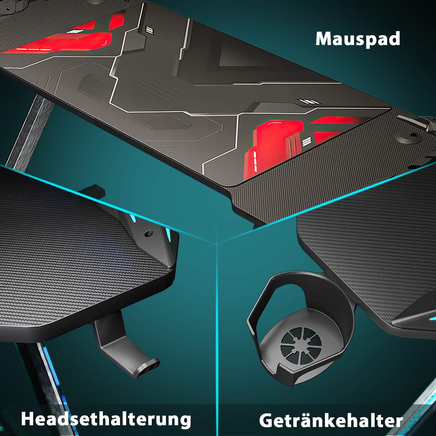SONNI Gaming Schreibtisch mit LED, Mauspad,140cm Groß Computertisch Gaming Tisch PC Tisch Gaming Desk Schwarz