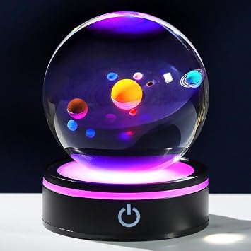 YWHL 3D Solar System Model Crystal Ball 80mm with Light Base, Planet Lamp Model Sphere Decor Space Astronomy Universe Gifts for Women Men Space Globe Physics Teacher Science Astronomy Enthusiast