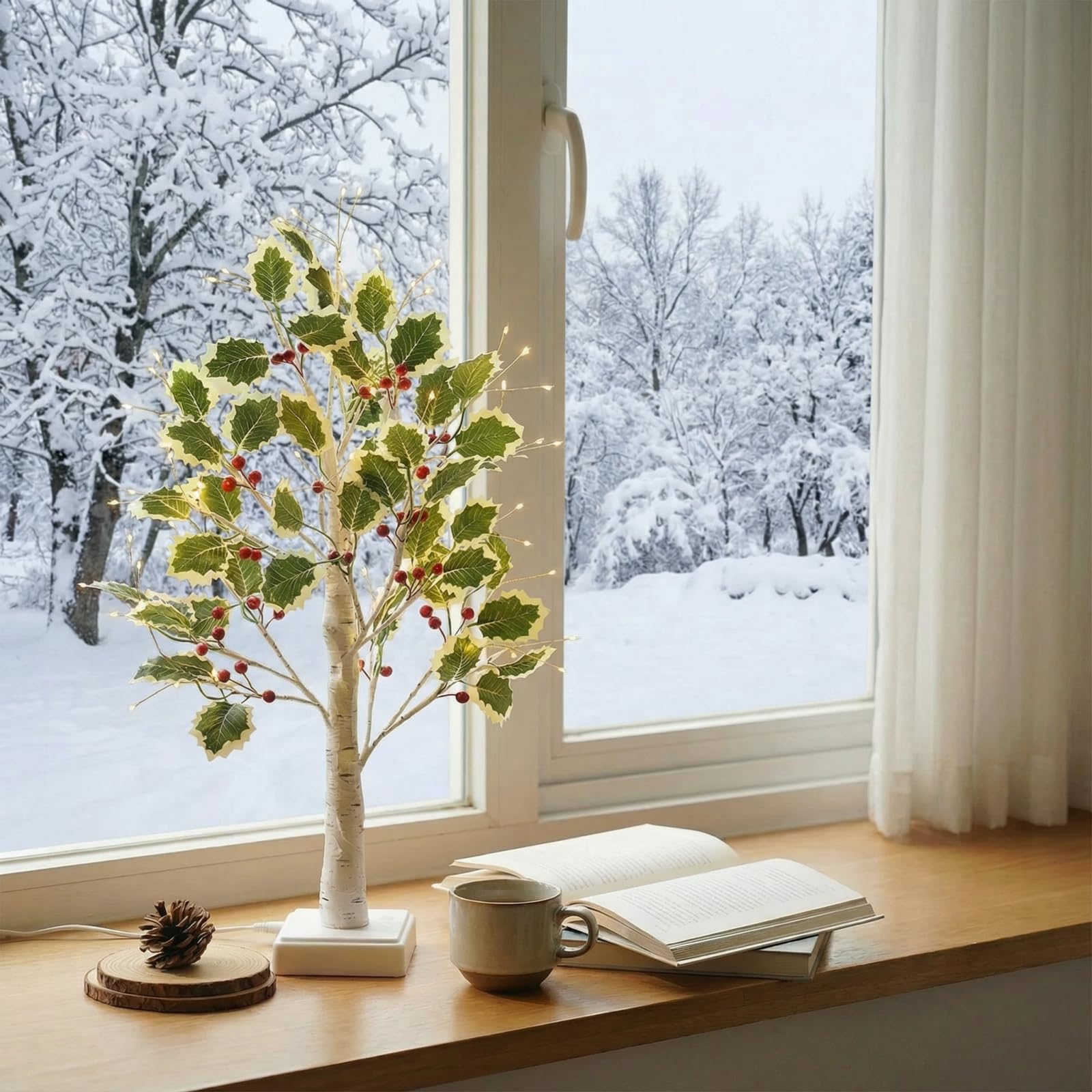 Albero luminoso a LED per interni, con timer, 72 LED bianchi caldi, foglie verdi, bacche rosse, albero decorativo per Natale, primavera, alimentato tramite USB/batteria (60 cm/2 piedi)