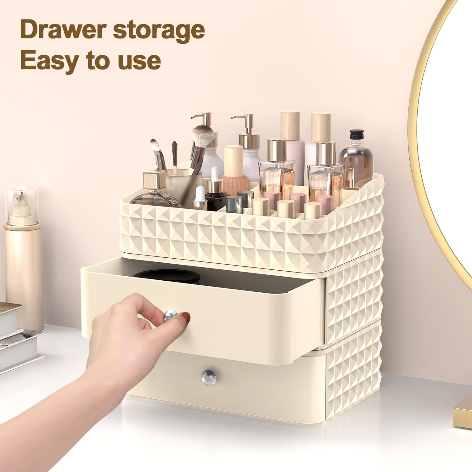 Makeup Organizer for Vanity, Stackable Cosmetics Organizer and Storage, Cosmetic Display Cases with 2 Drawers and 1 Tray for Makeup Brush, Hair Accessories, Lipstick and Jewelry, Beige