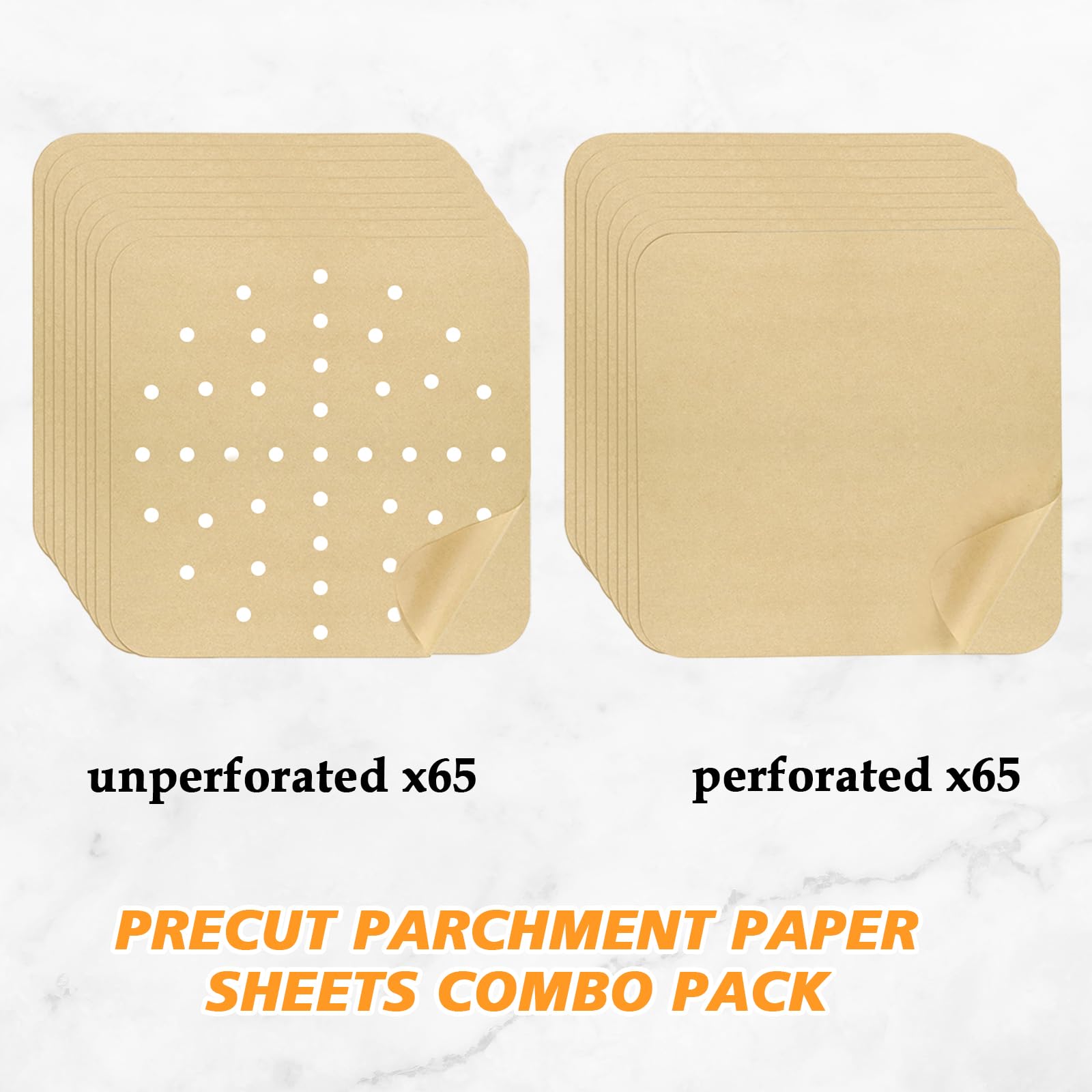 Golden Associate Forros de papel pergamino desechables de 12 x 12 pulgadas, 130 piezas, combo de hojas perforadas y sin agujeros, 65 piezas cada uno, freidora de aire, horno, tostador, bandeja