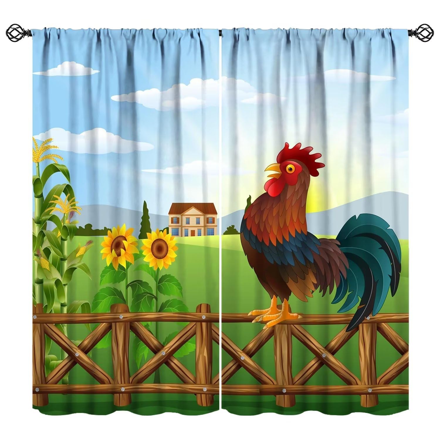 JESTRONRY Farmhouse Rooster Curtain,Sunflower Rustic Cartoon Rooster Print Theme Blackout Rod Pocket Window Drapes for Living Room Bedroom Kitchen Home Decor 72x63in
