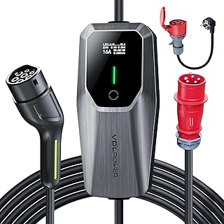 Mobile Wallbox 11kW Typ 2 Ladekabel 6-16A | 5m Mobile Ladestation mit Adapter, 3-phasig CEE EV Ladegerät Einstellbarer Strom und Einstellung Startzeit für Allen Elektrofahrzeugen EV PHEV